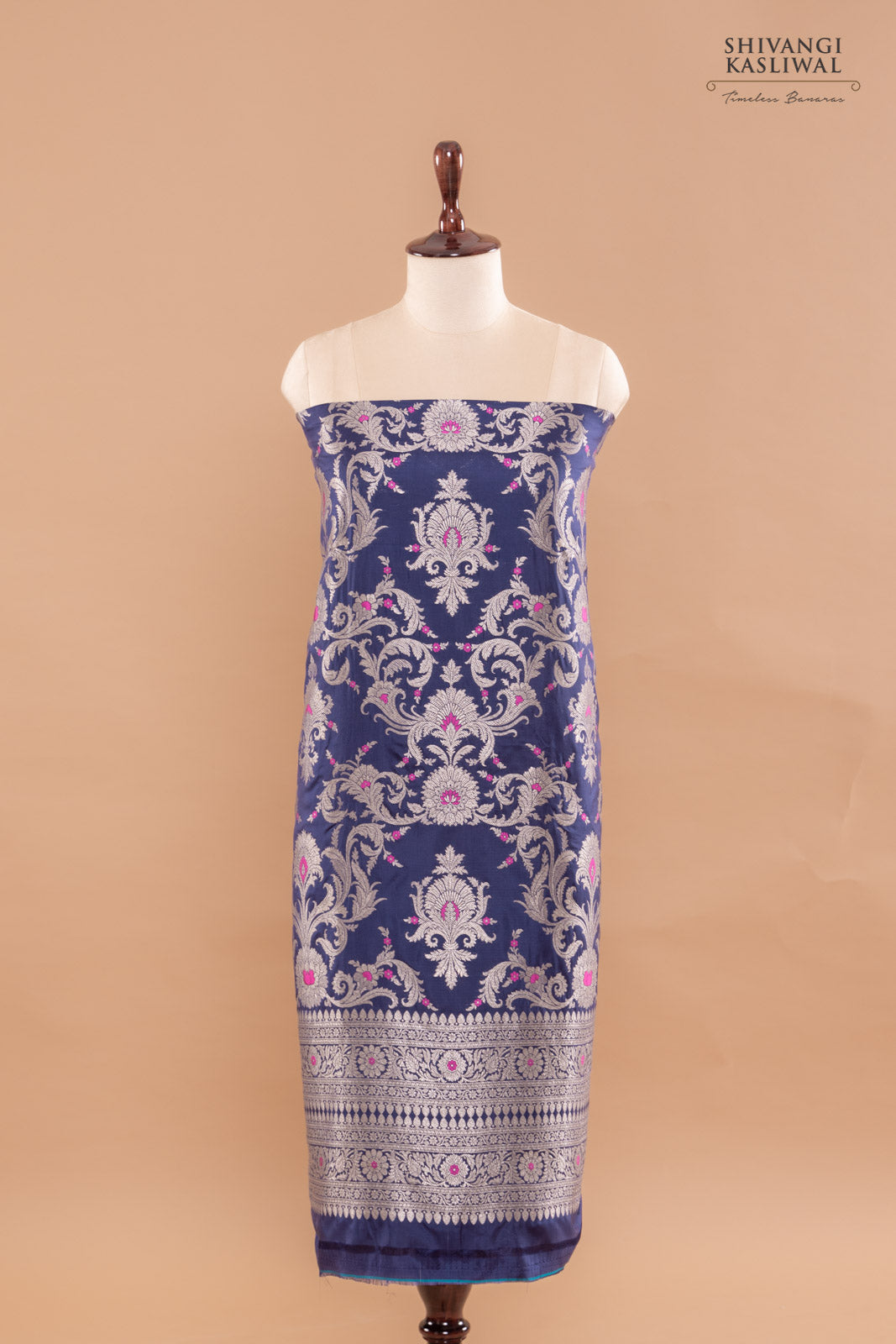 Navy Blue Handwoven Banarasi Silk Suit Piece