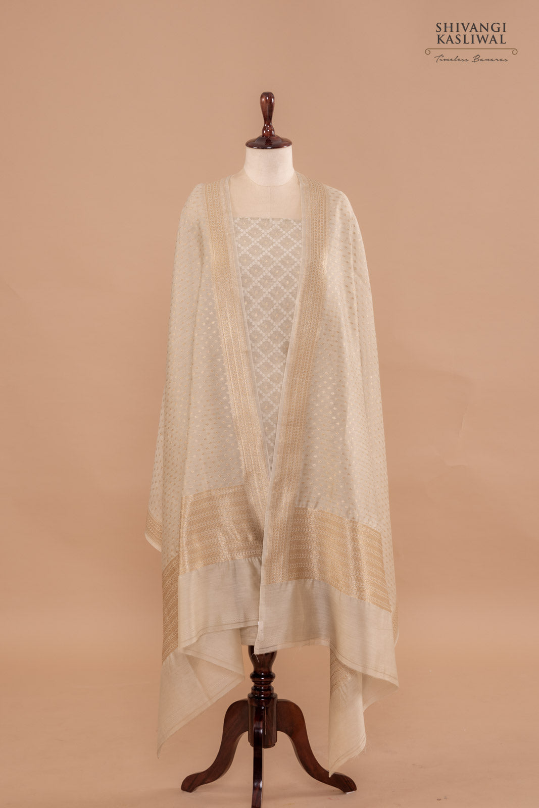 Beige Handwoven Banarasi Chanderi Suit Piece