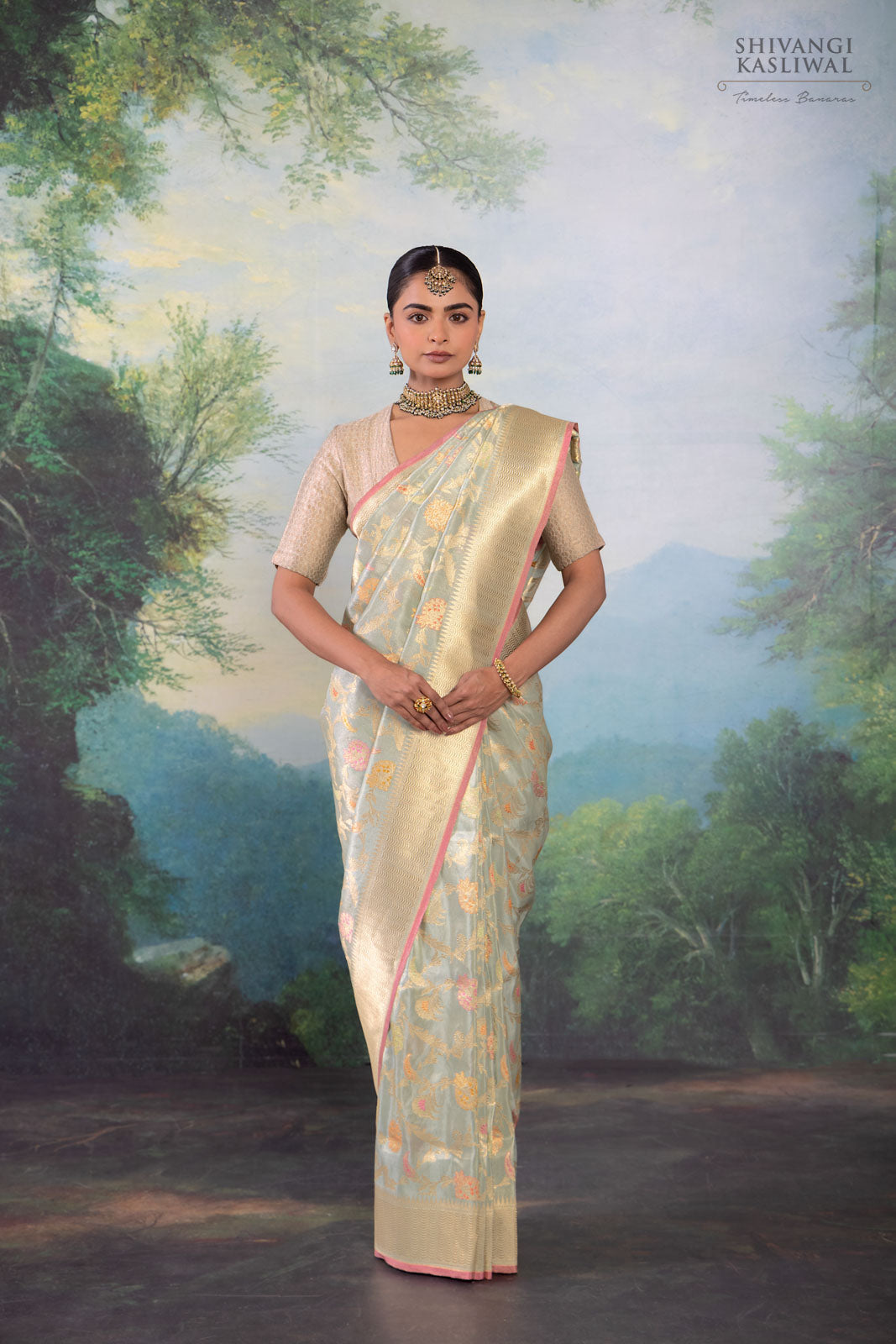 Powder Blue Handwoven Banarasi Kadhua Silk Tissue Saree