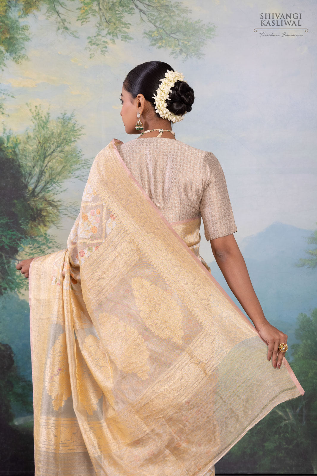 Beige Handwoven Banarasi Silk Tissue Saree