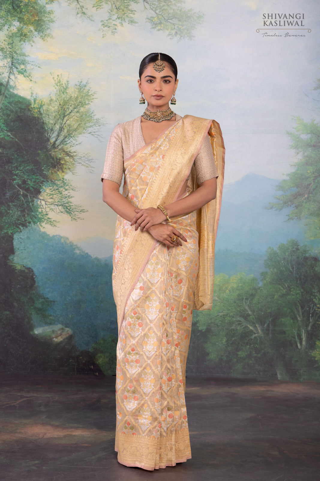 Beige Handwoven Banarasi Silk Tissue Saree