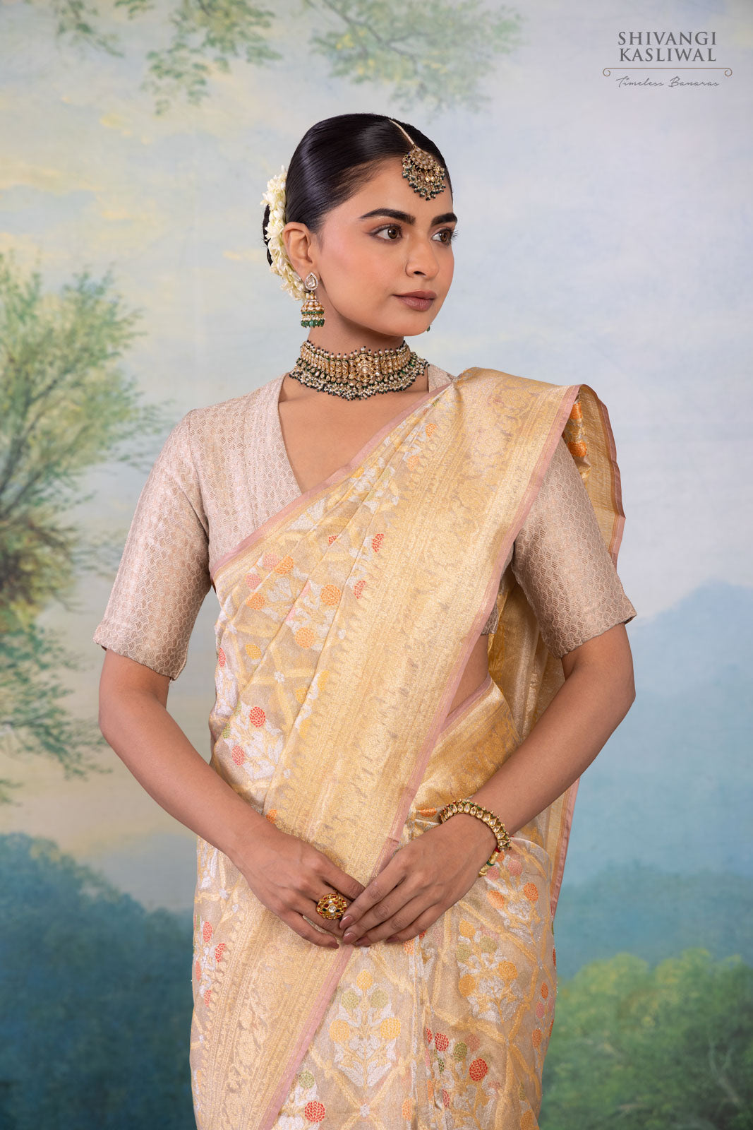 Beige Handwoven Banarasi Silk Tissue Saree