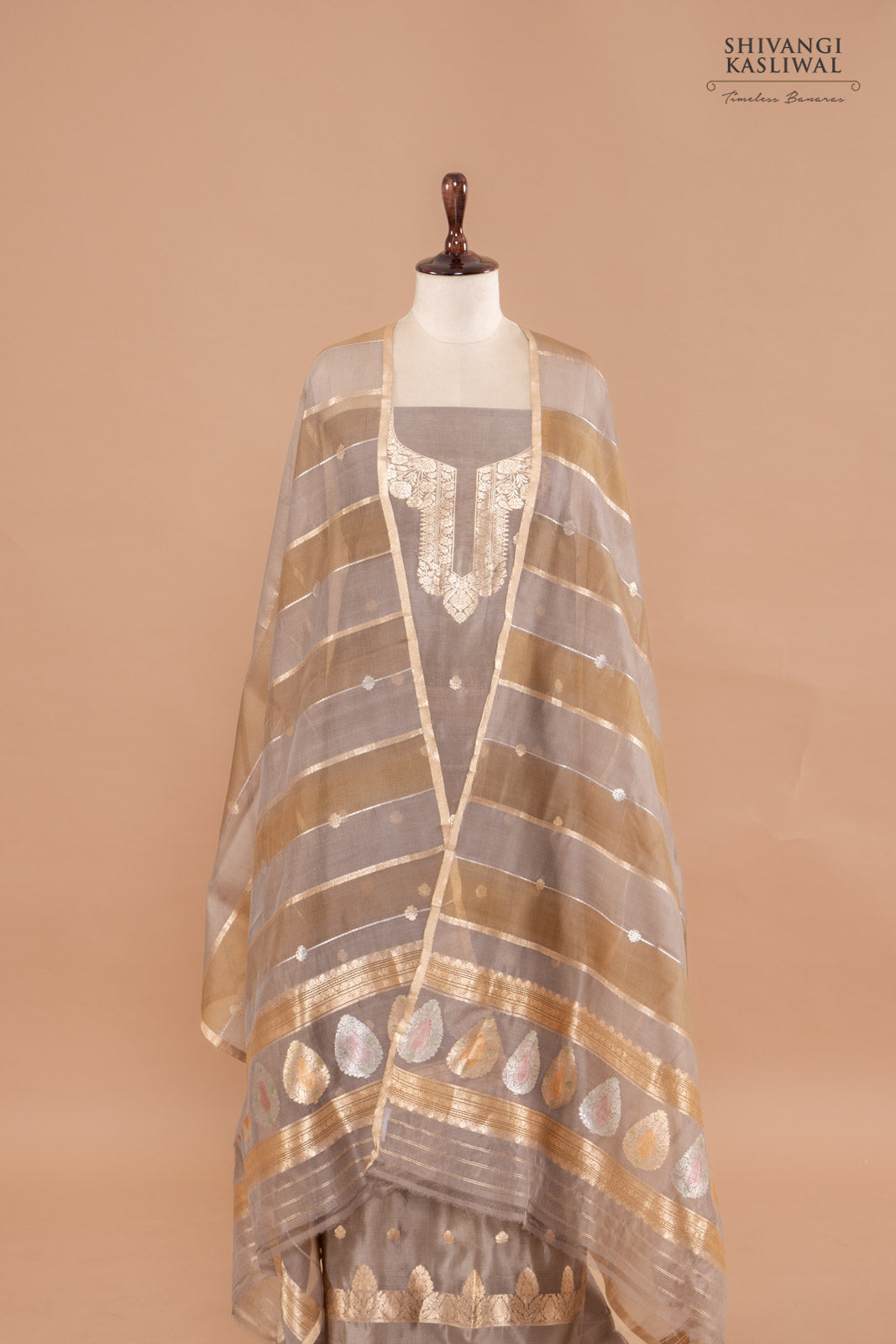 Grey Handwoven Banarasi Silk Suit Piece