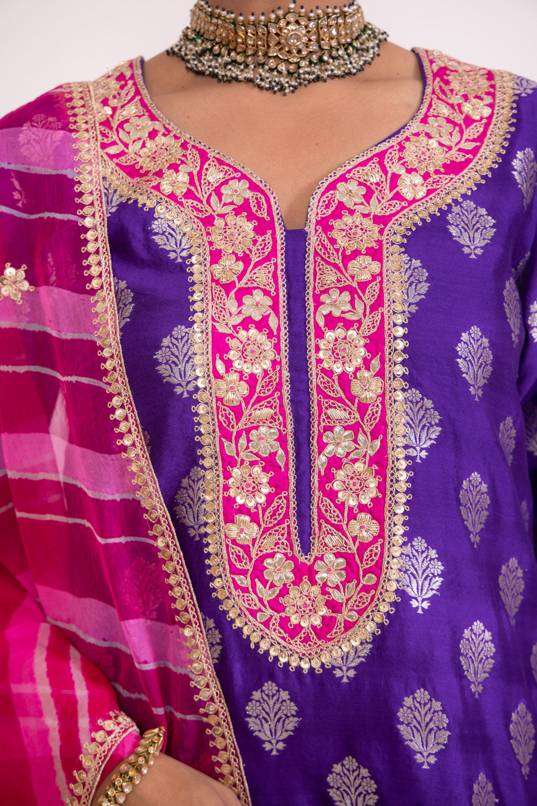 Purple Banarasi Chiniya Silk Kurta with Leheriya Dupatta