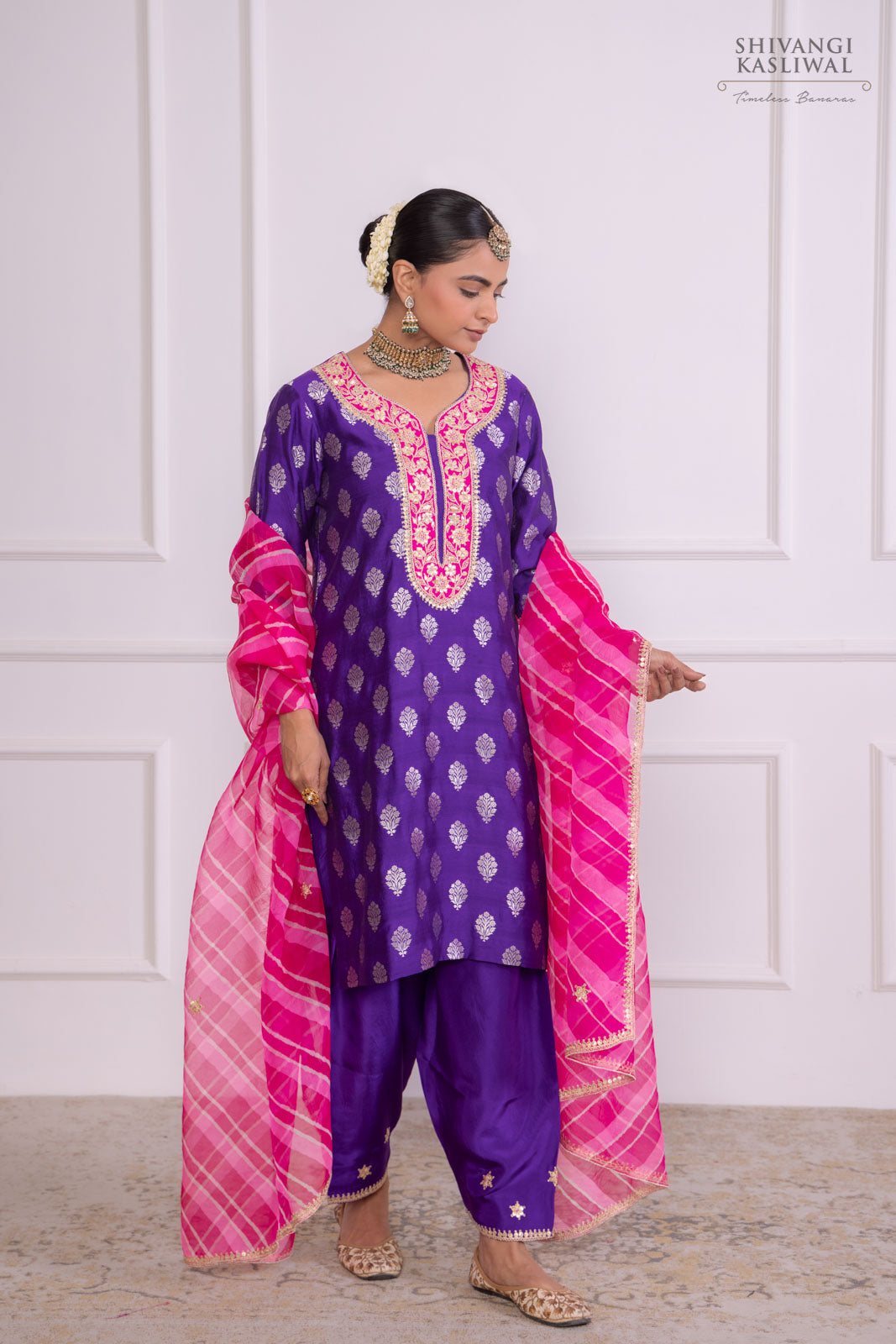 Purple Banarasi Chiniya Silk Kurta with Leheriya Dupatta