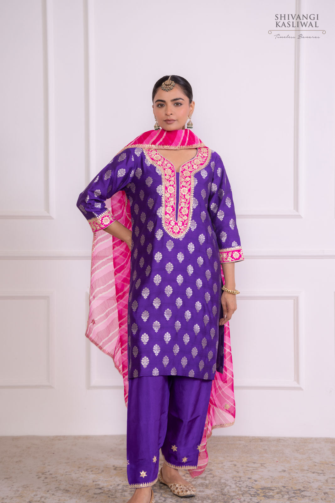 Purple Banarasi Chiniya Silk Kurta with Leheriya Dupatta