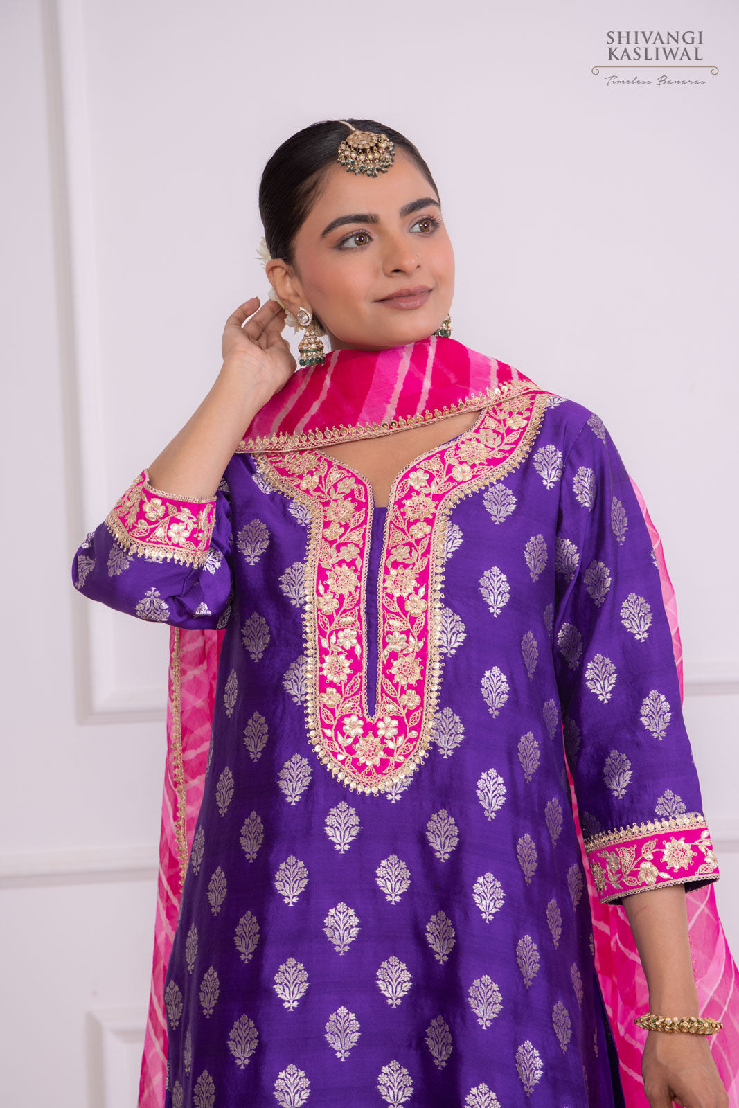 Purple Banarasi Chiniya Silk Kurta with Leheriya Dupatta