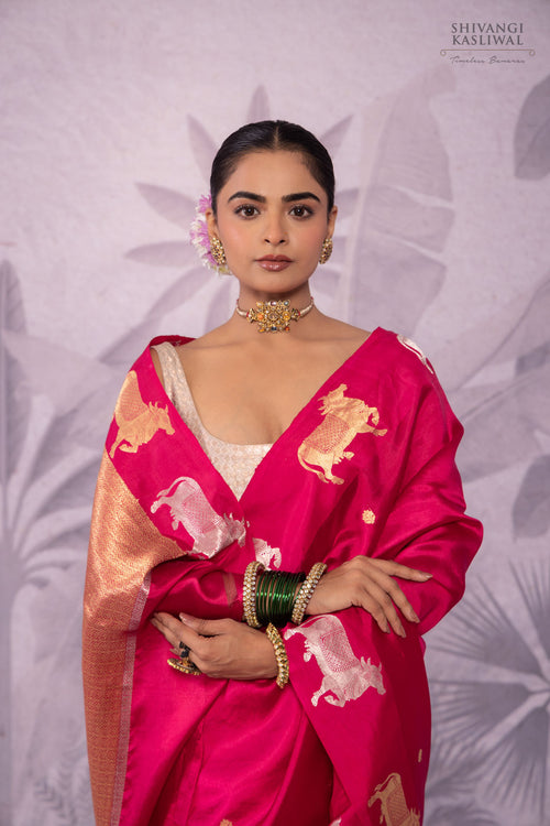 Fuchsia Pink Handwoven Banarasi Pure Silk Saree