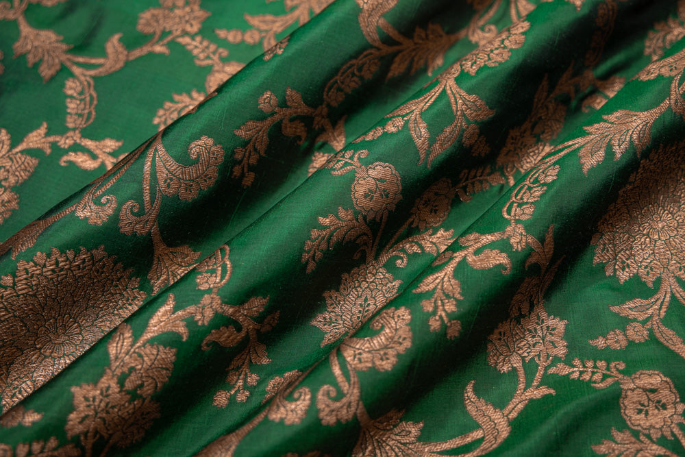 Bottle Green Handwoven Banarasi Silk Fabric