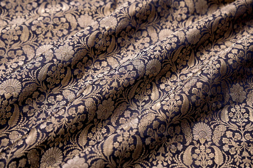 Navy Blue Handwoven Banarasi Brocade Fabric