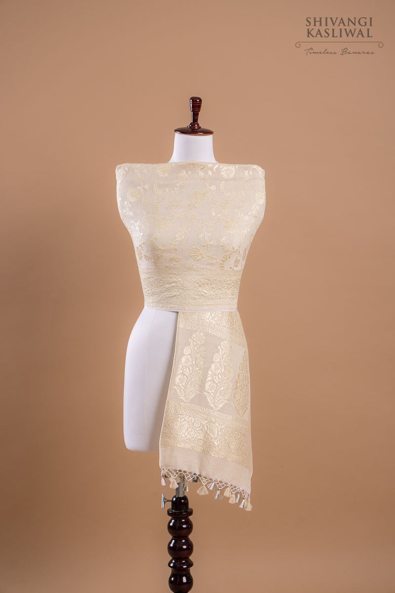 Beige Handwoven Banarasi Moonga Dupatta