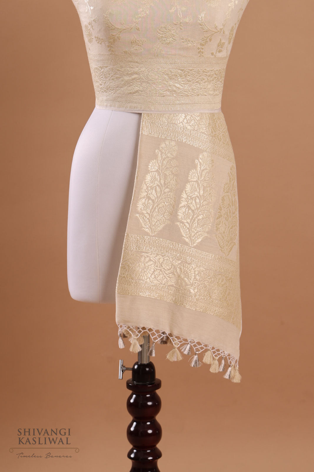 Beige Handwoven Banarasi Moonga Dupatta