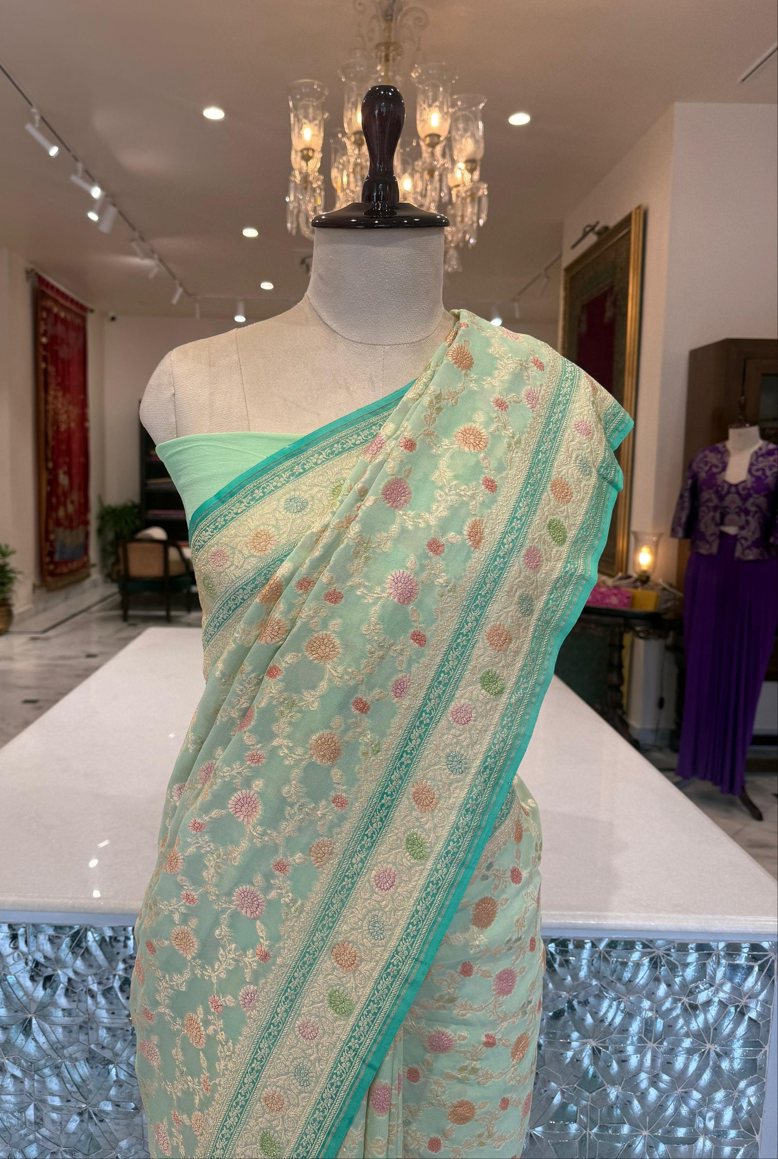 Pista Green Handwoven Banarasi Georgette Saree
