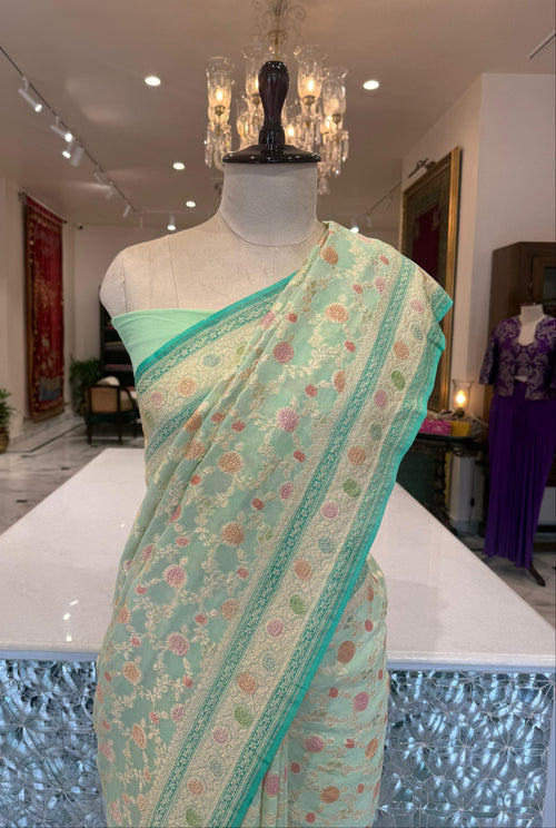 Pista Green Handwoven Banarasi Georgette Saree