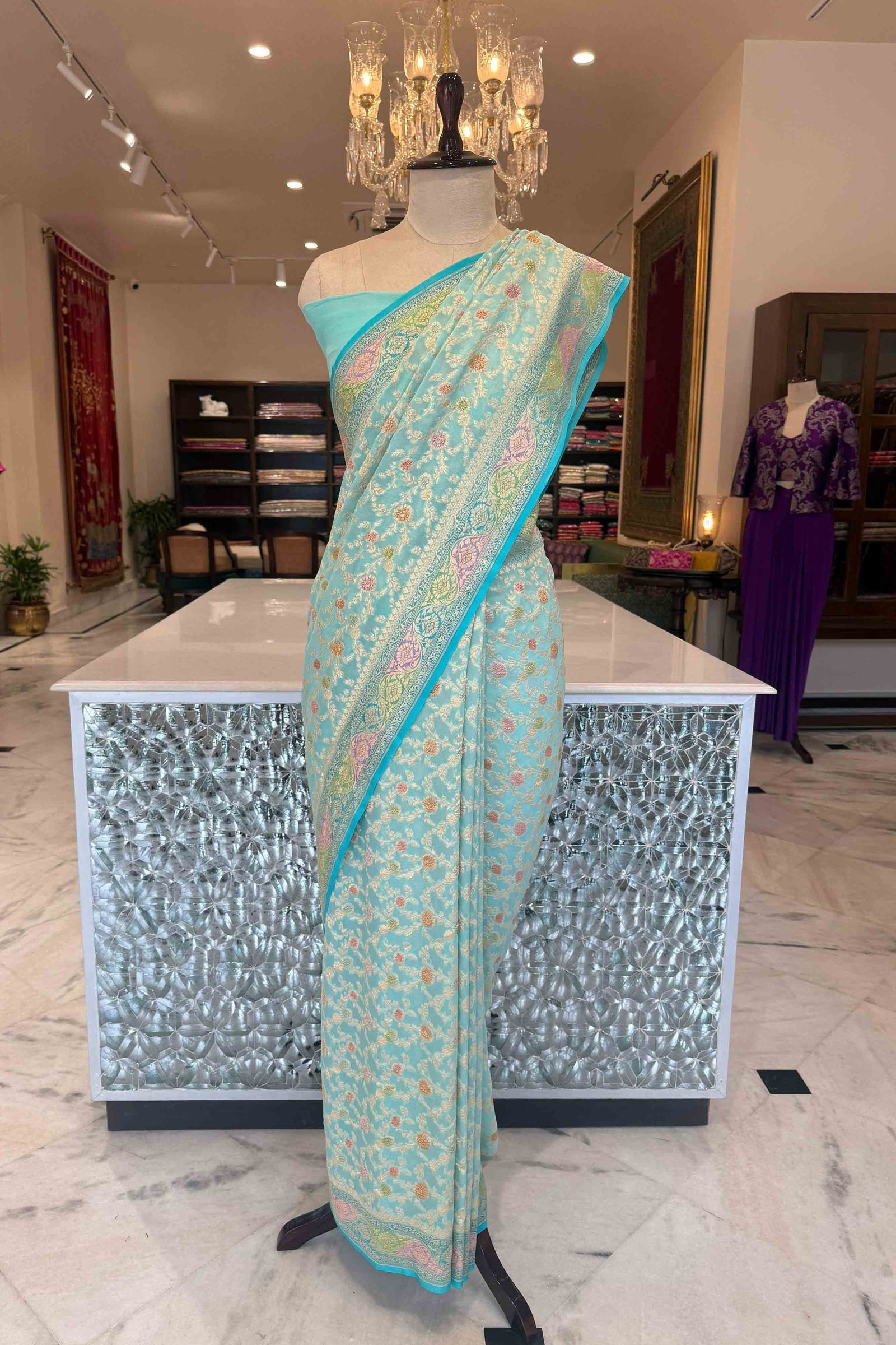 Turquoise Blue Handwoven Banarasi Georgette Saree