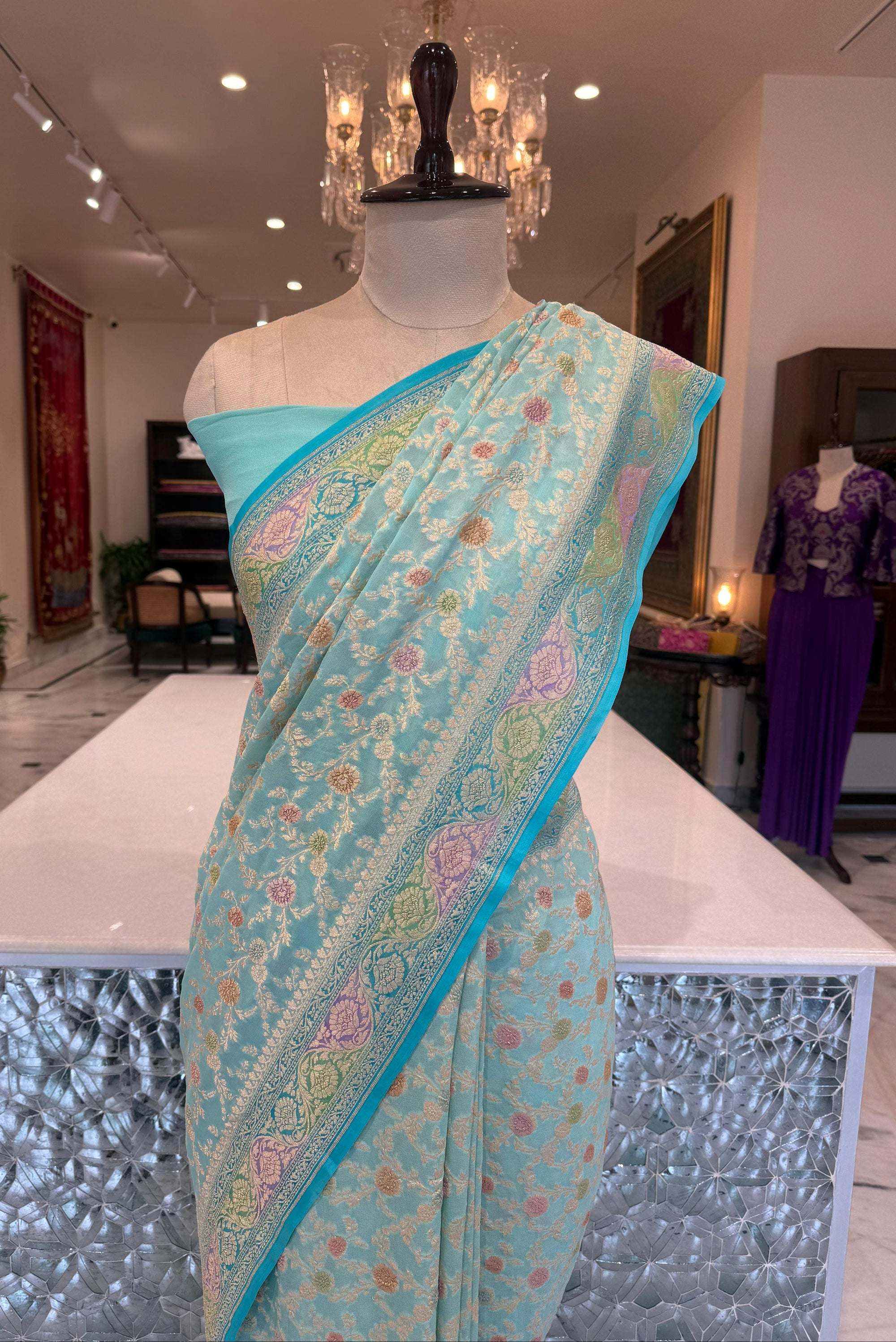 Turquoise Blue Handwoven Banarasi Georgette Saree