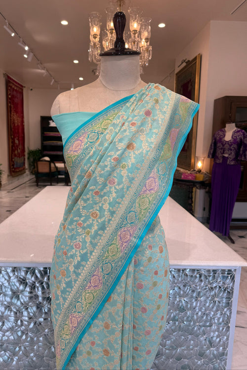 Turquoise Blue Handwoven Banarasi Georgette Saree