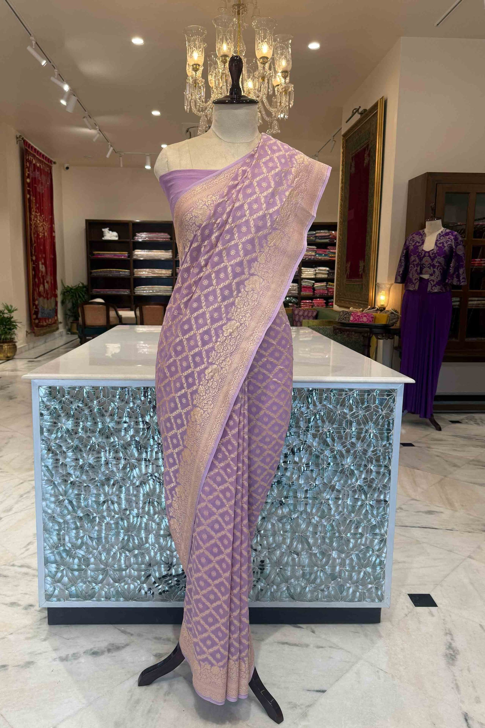 Lavender Handwoven Banarasi Georgette Saree