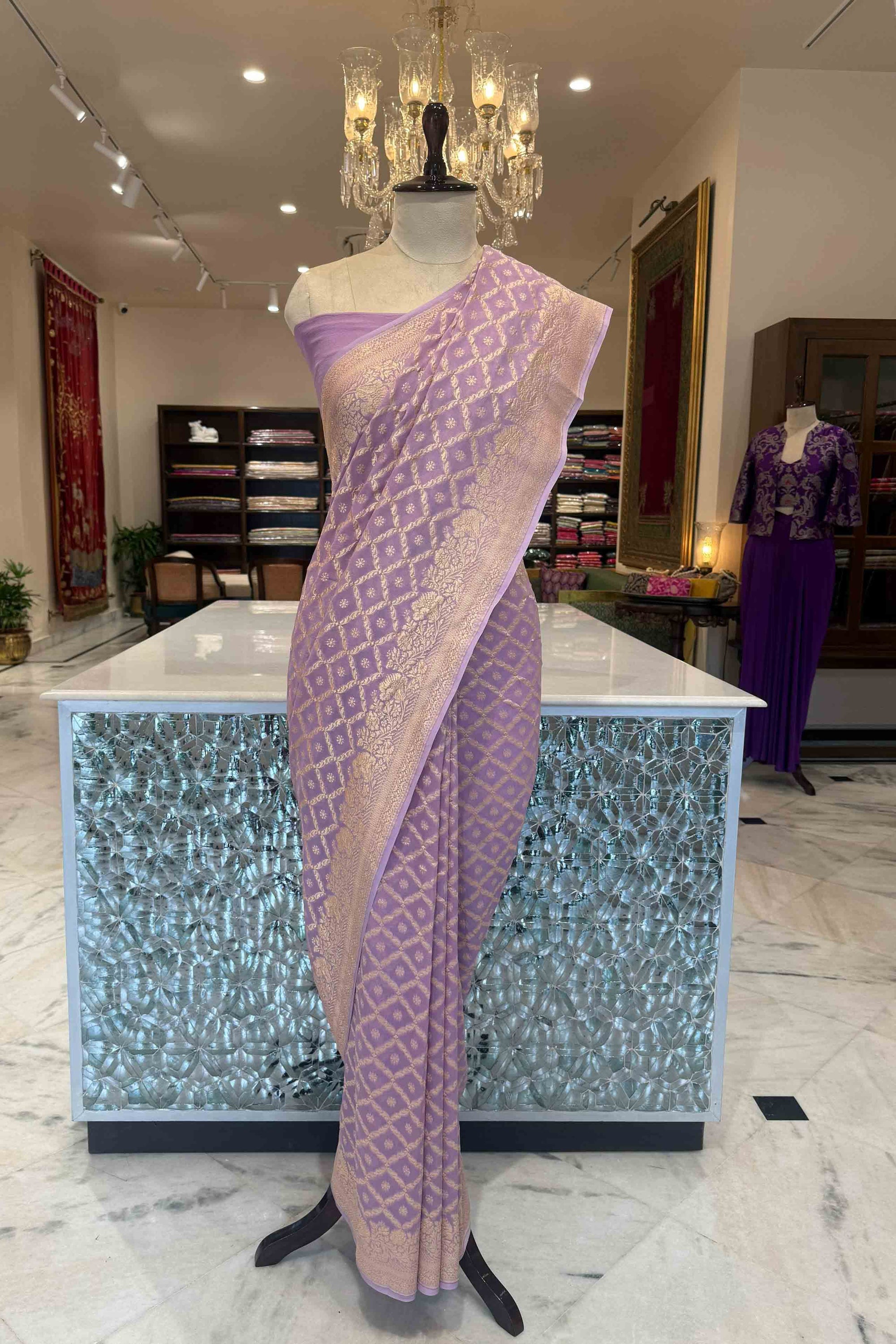 Lavender Handwoven Banarasi Georgette Saree
