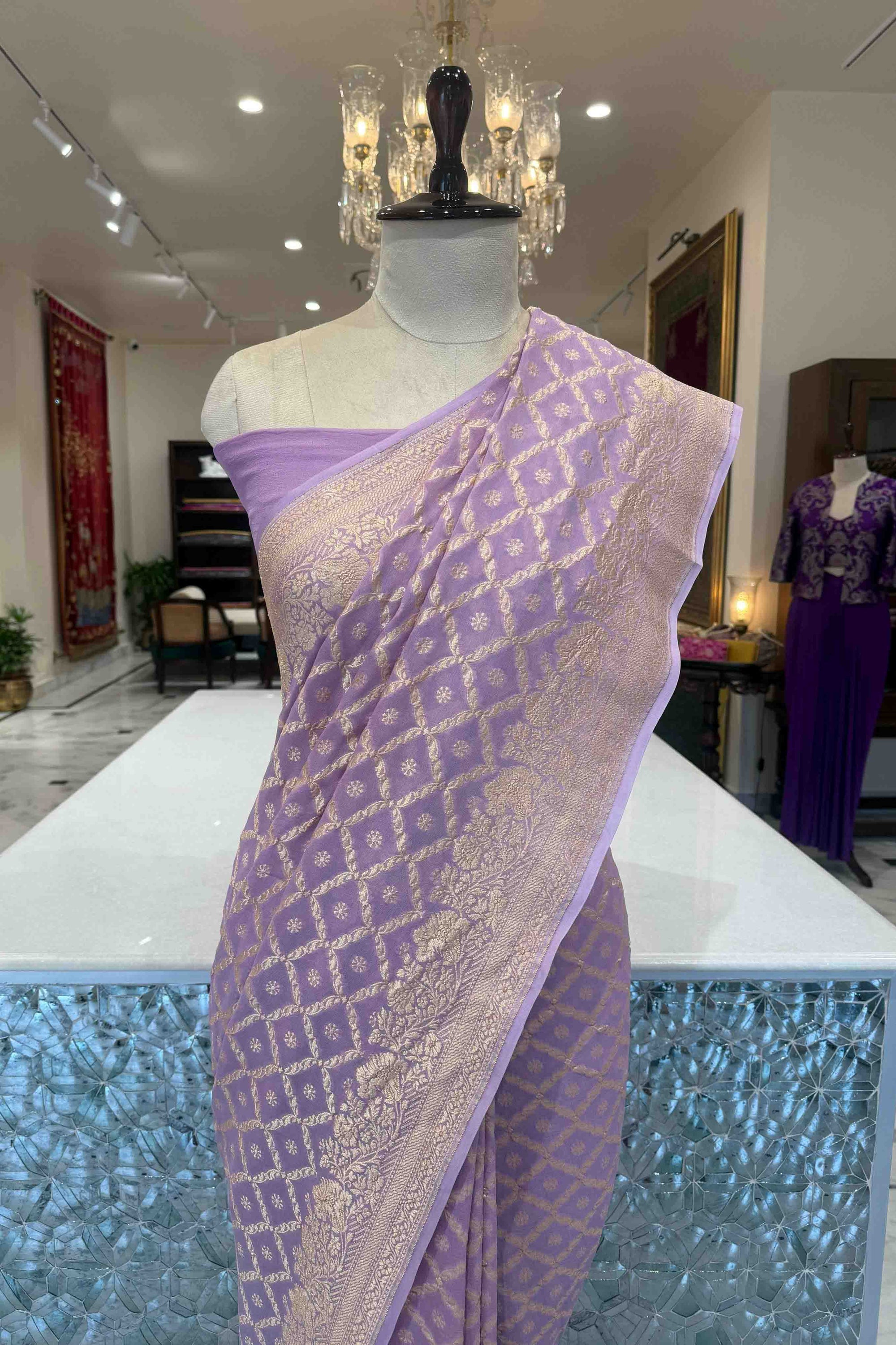 Lavender Handwoven Banarasi Georgette Saree