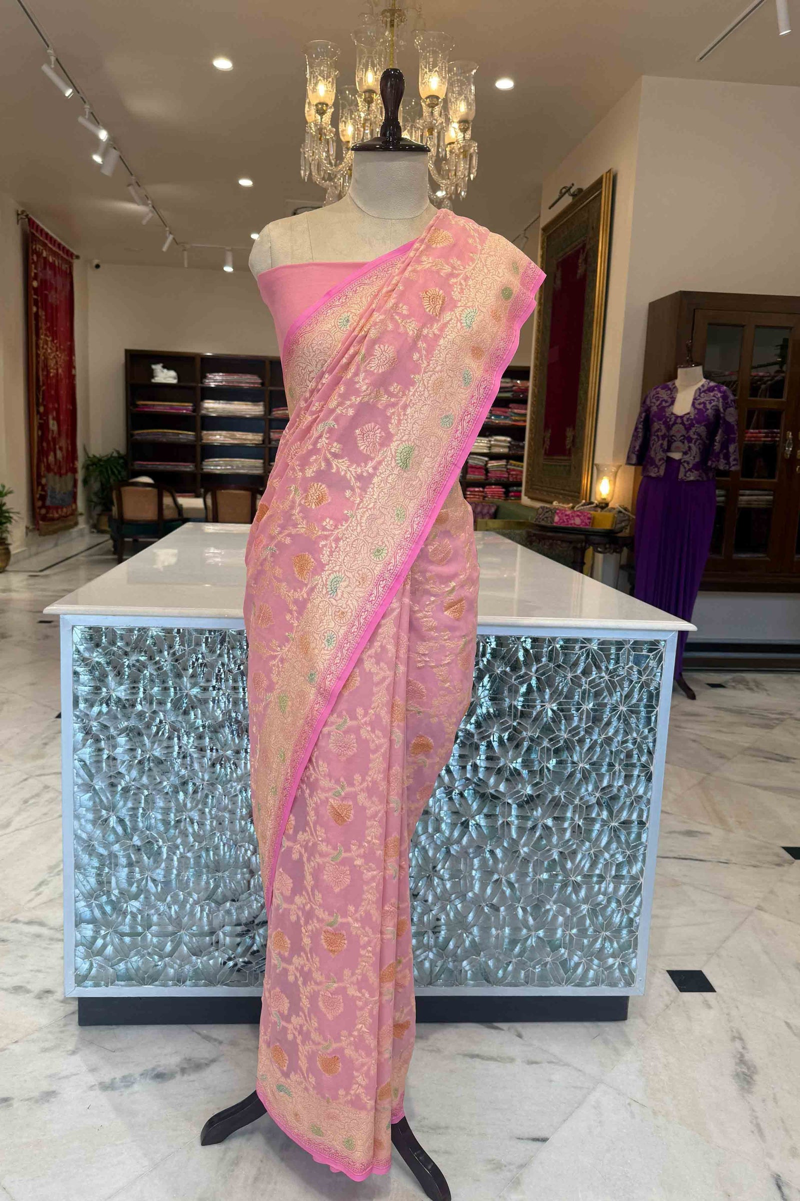Pink Handwoven Banarasi Georgette Saree