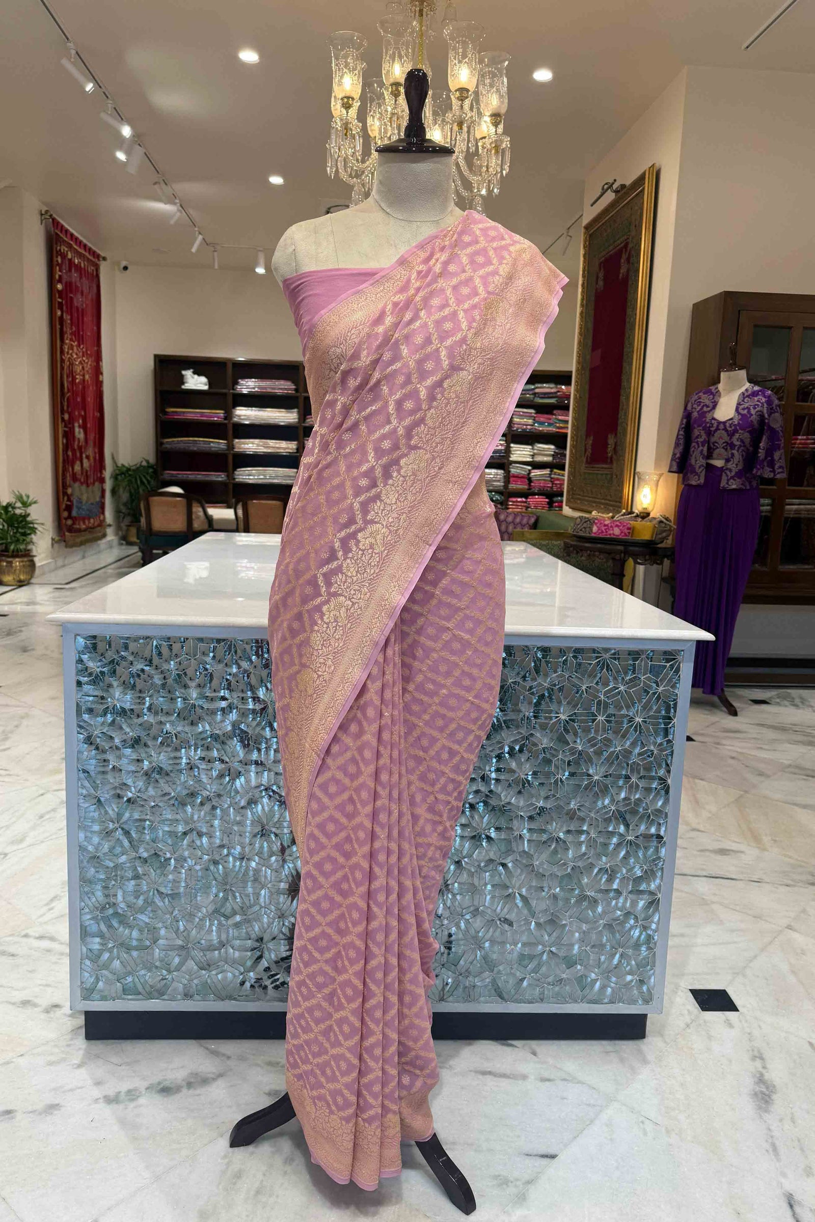 Baby Pink Handwoven Banarasi Georgette Saree