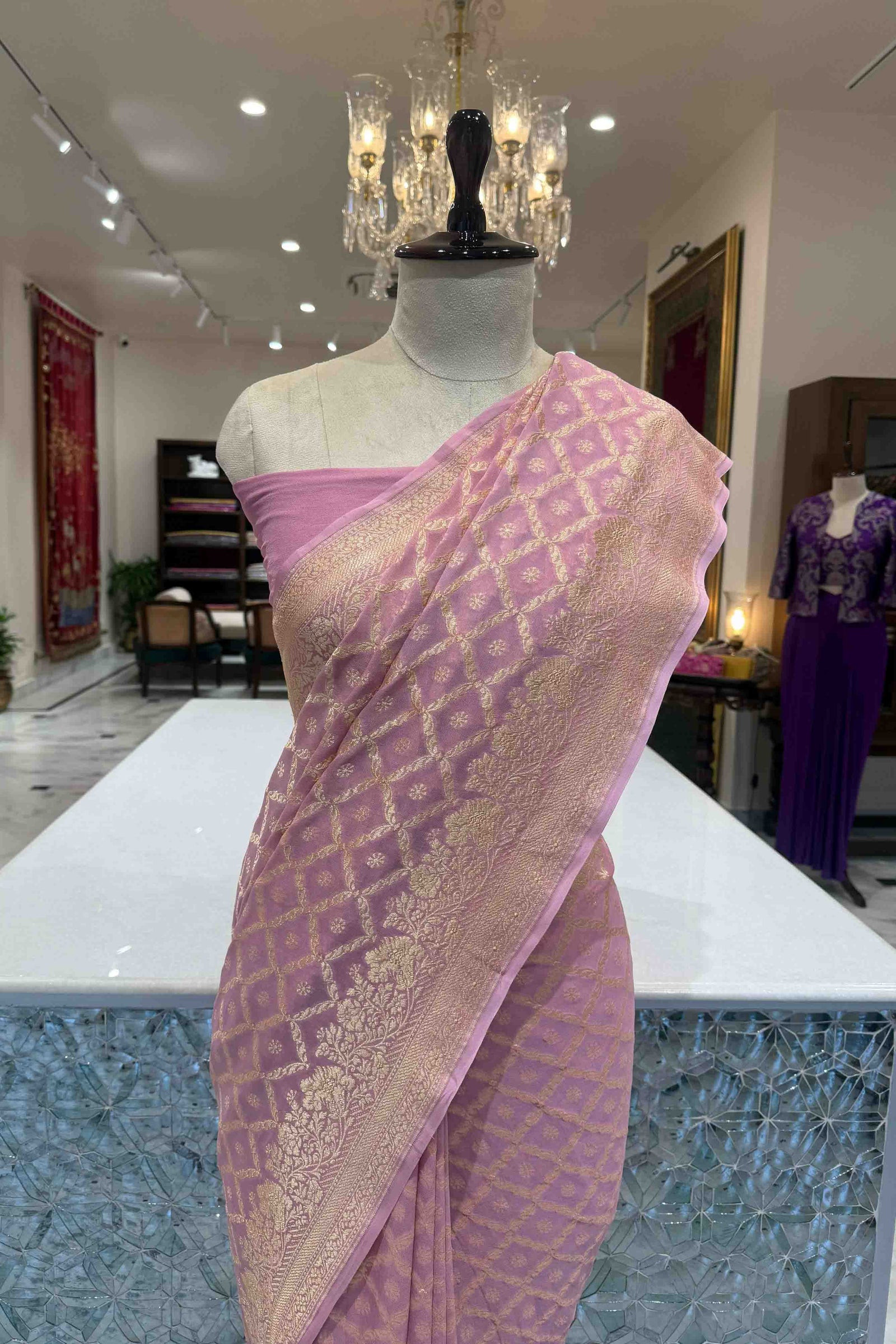 Baby Pink Handwoven Banarasi Georgette Saree