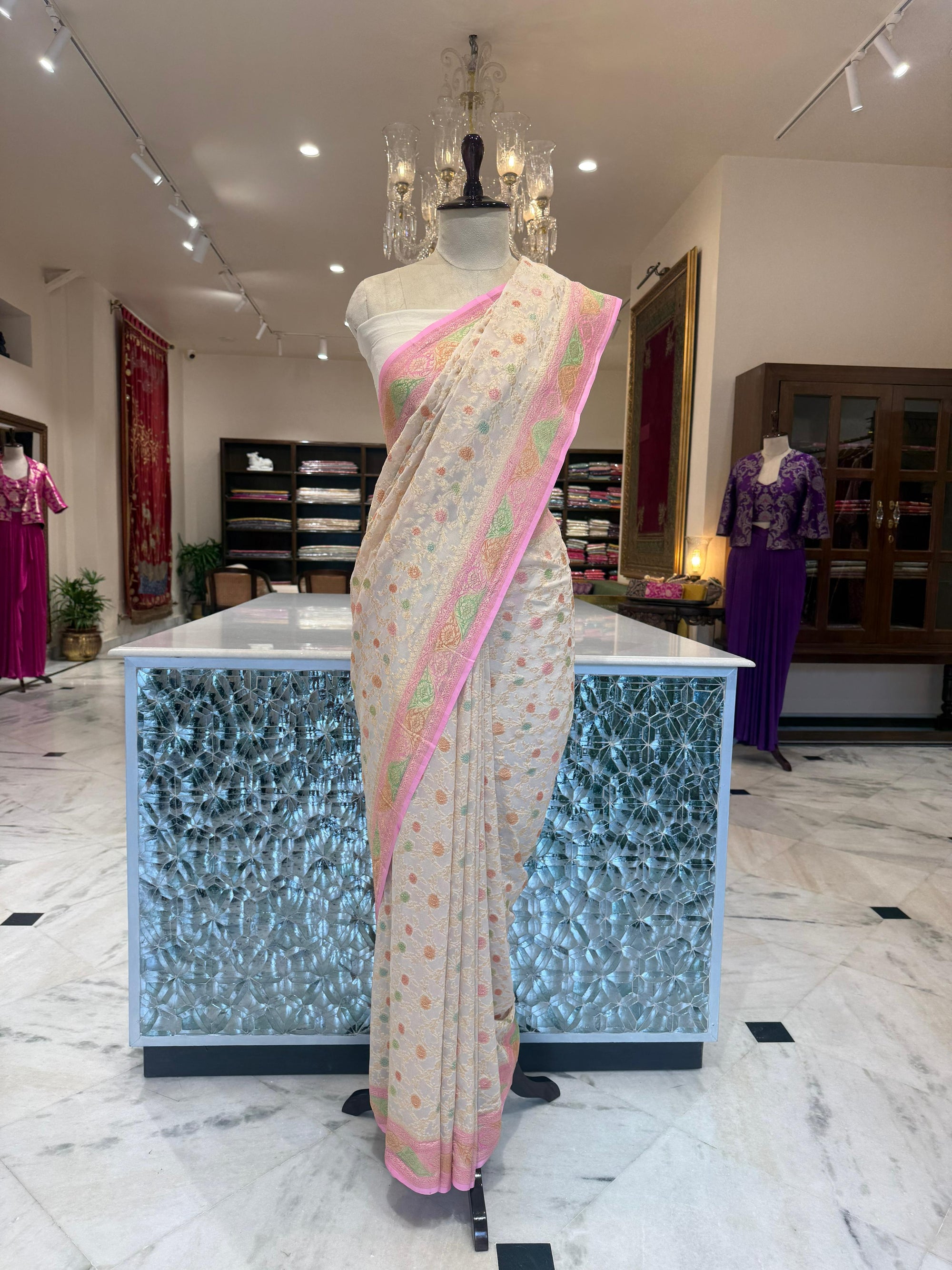 Off-White Handwoven Banarasi Georgette Saree