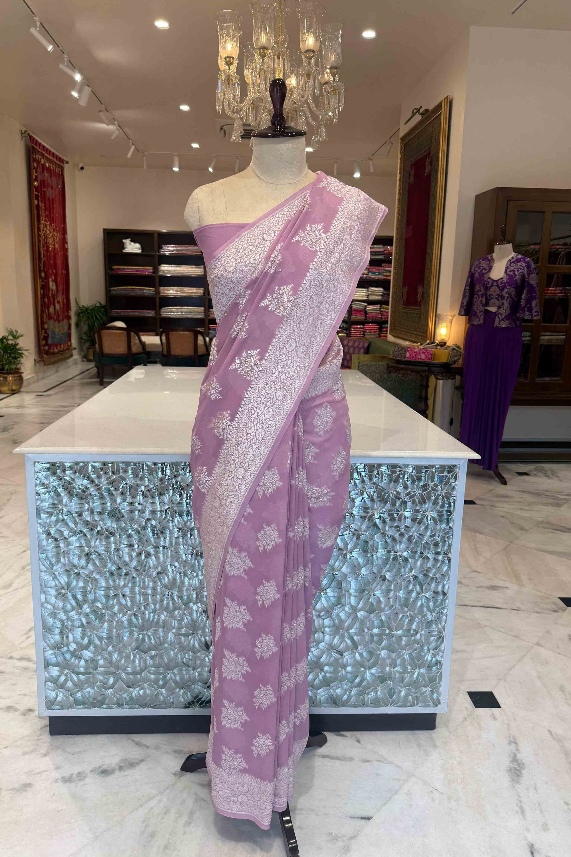 Lavender Handwoven Banarasi Georgette Saree
