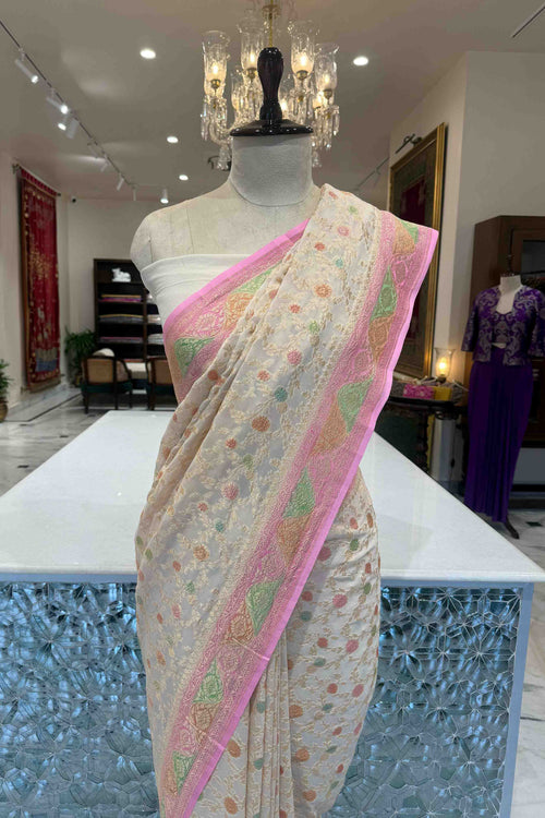 Off-White Handwoven Banarasi Georgette Saree