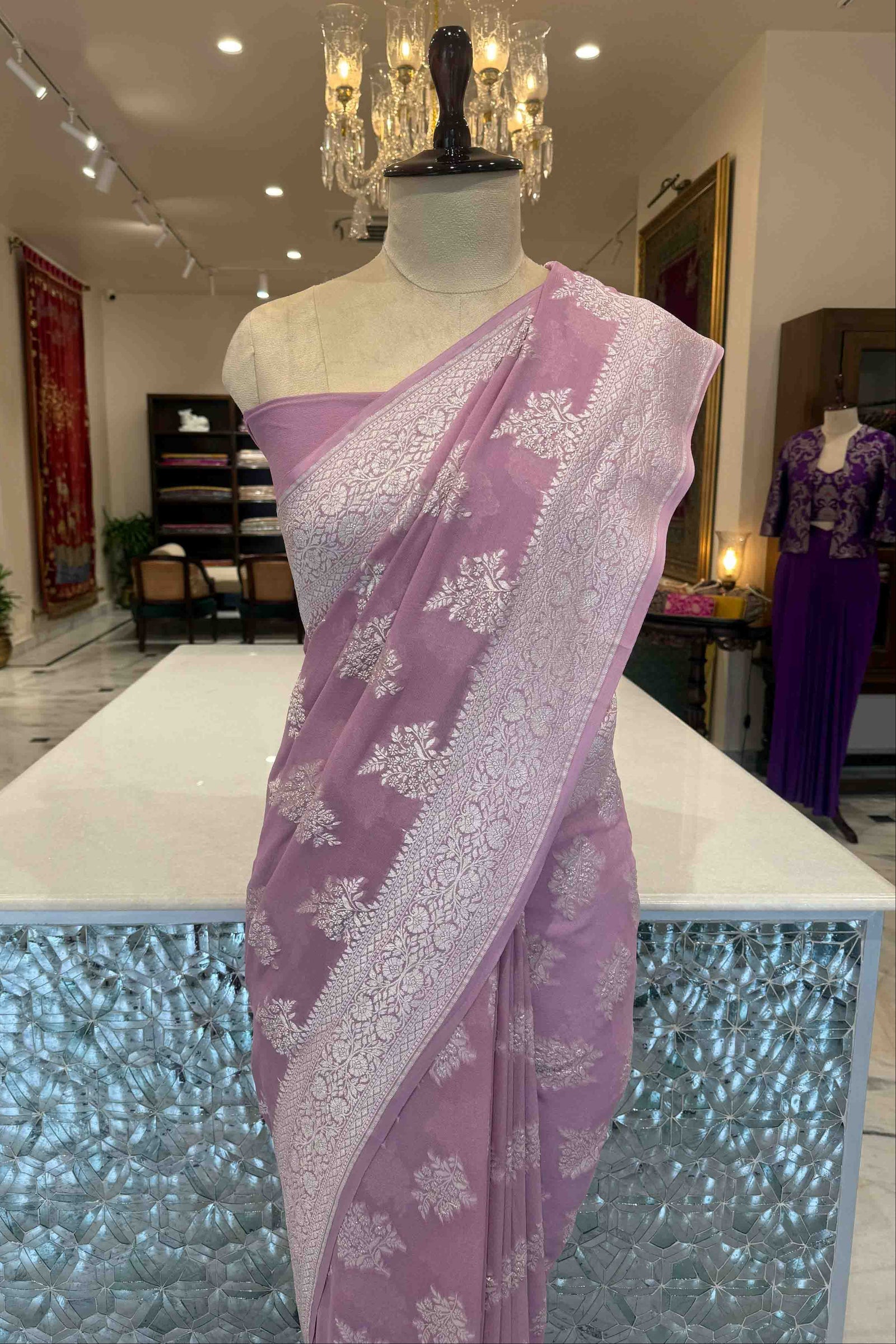 Lavender Handwoven Banarasi Georgette Saree