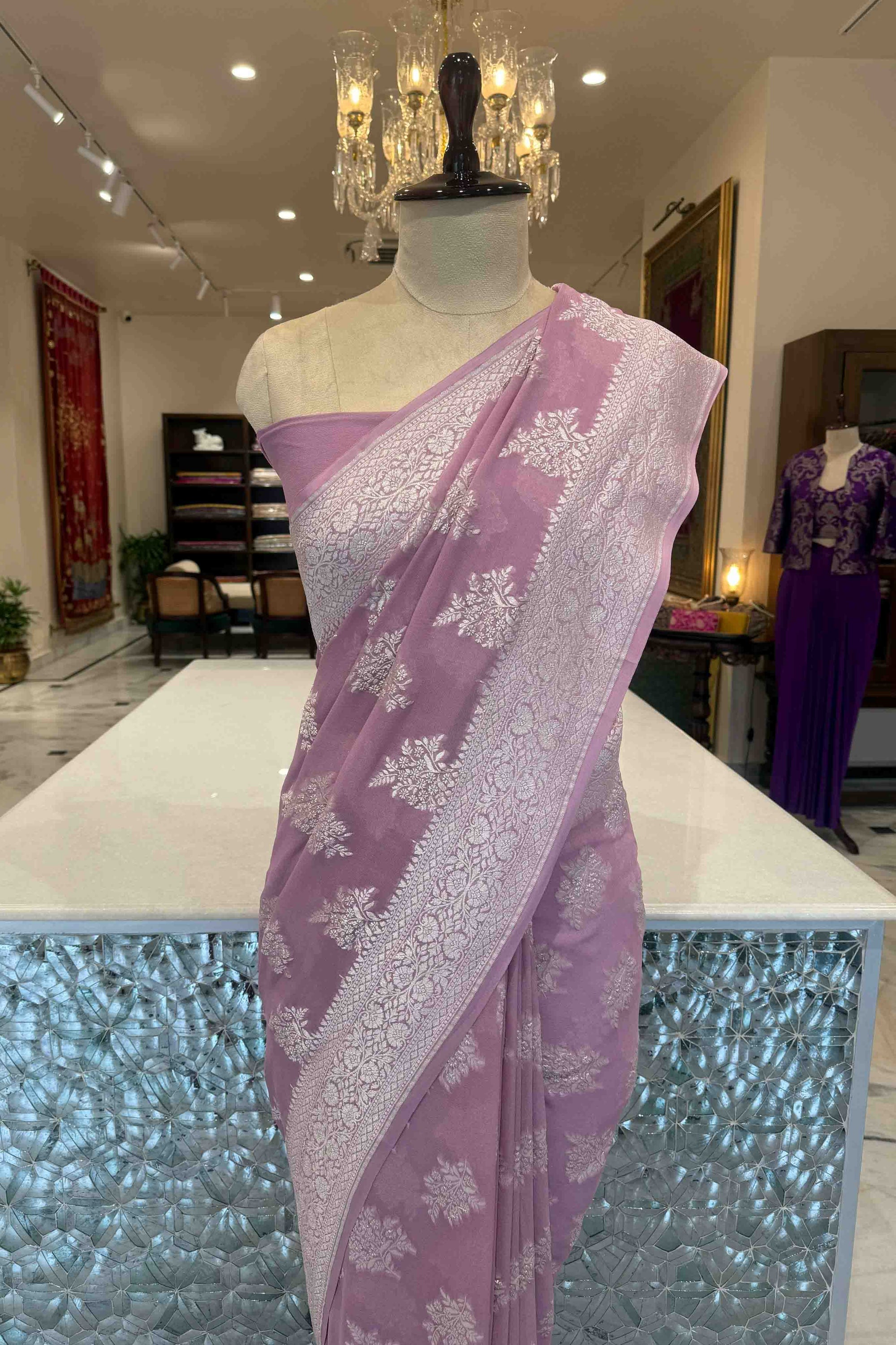 Lavender Handwoven Banarasi Georgette Saree