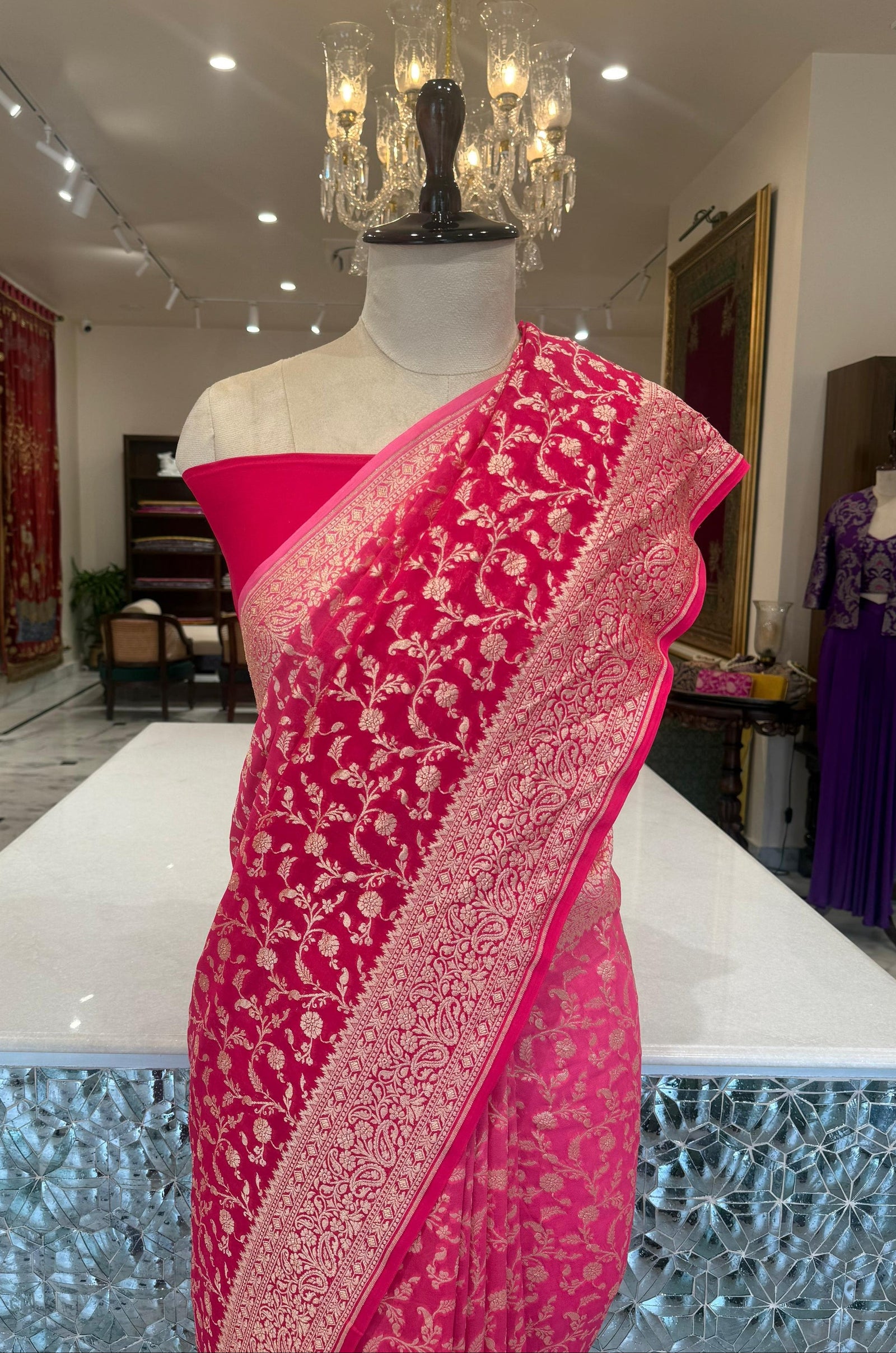 Shaded Pink Handwoven Banarasi Georgette Saree