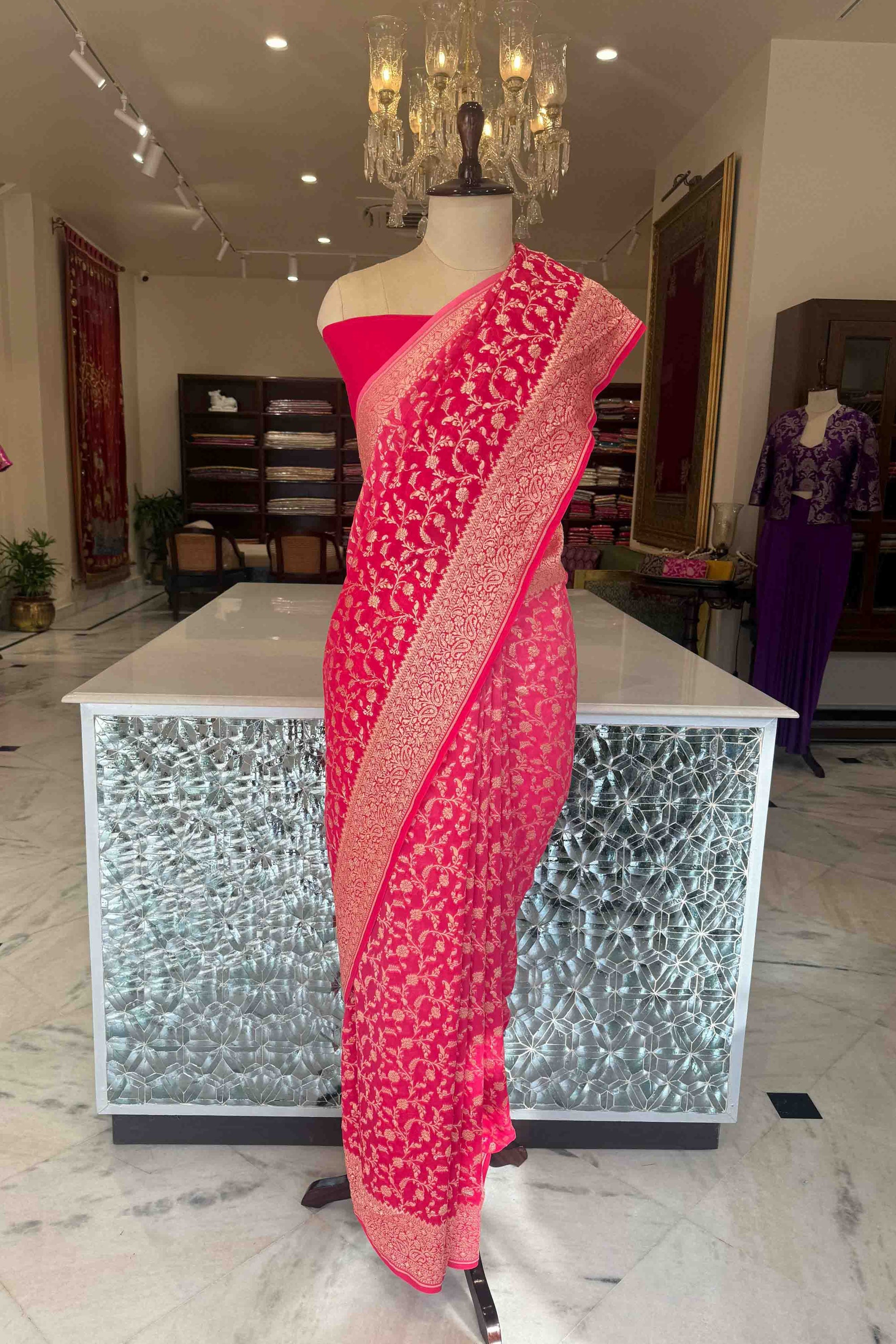 Shaded Pink Handwoven Banarasi Georgette Saree