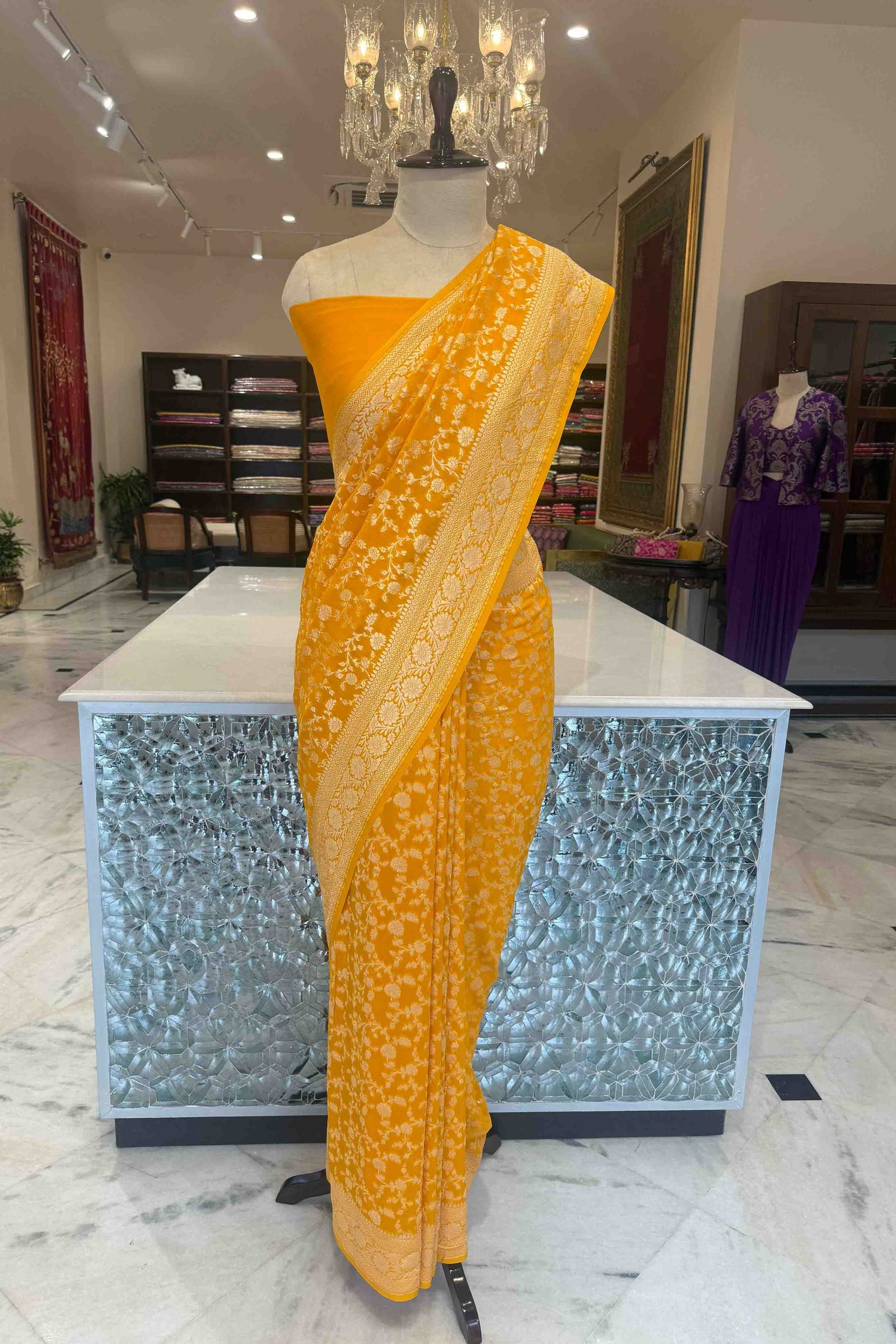 Yellow Handwoven Banarasi Georgette Saree