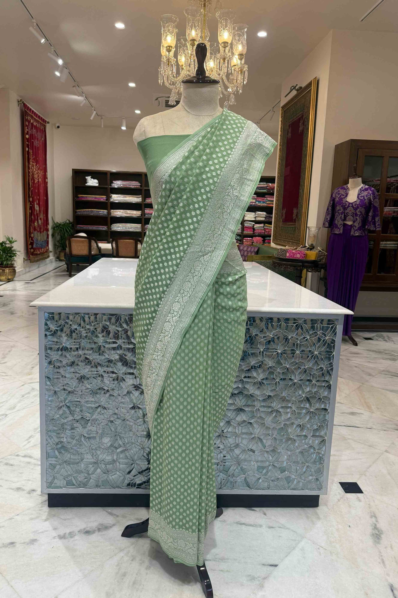 Pista Green Handwoven Banarasi Georgette Saree