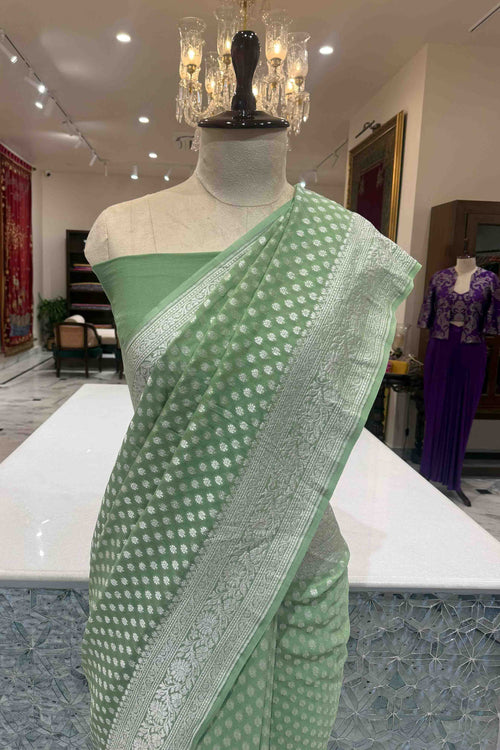 Pista Green Handwoven Banarasi Georgette Saree