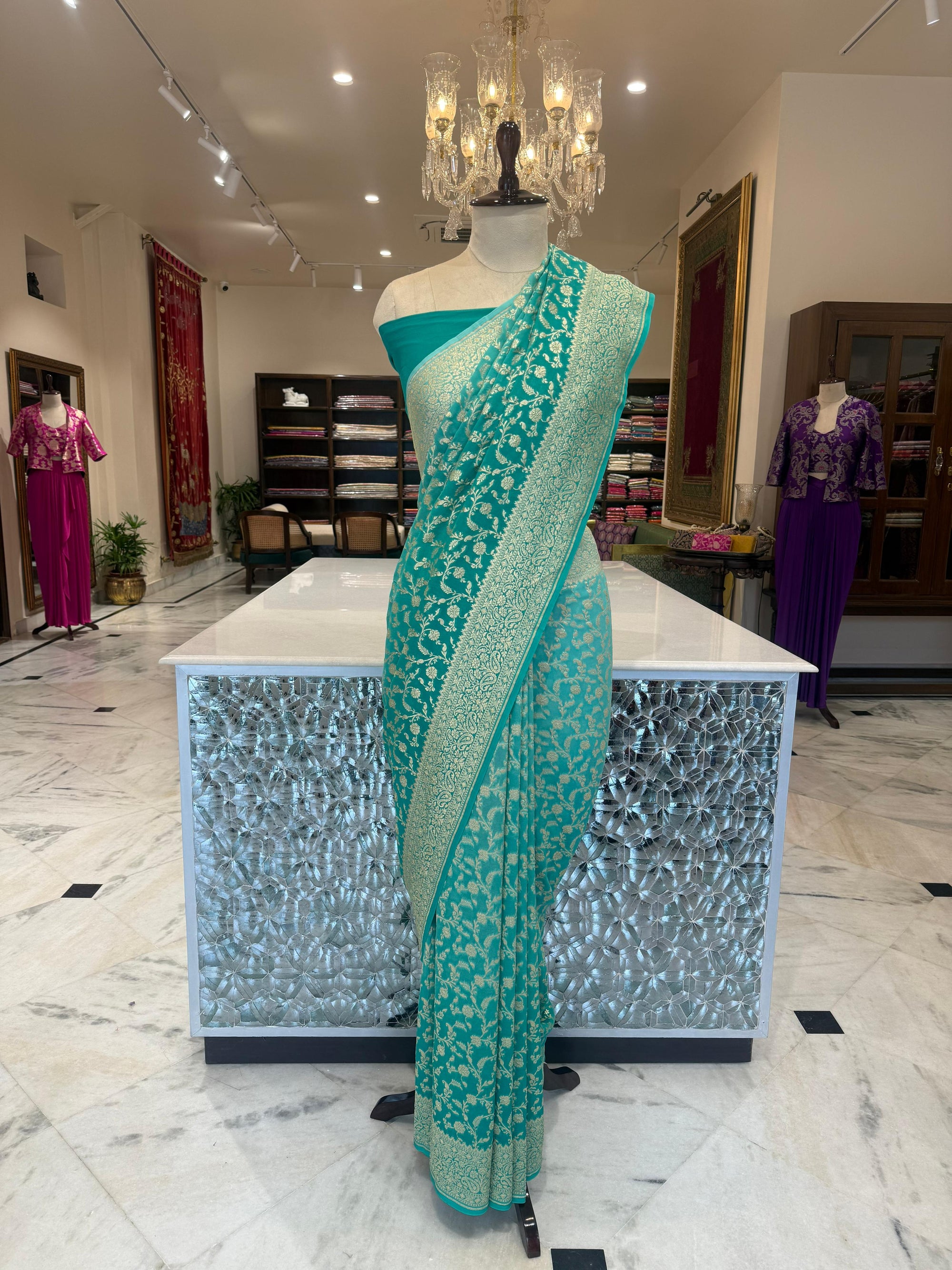 Turquoise Blue Handwoven Banarasi Georgette Saree