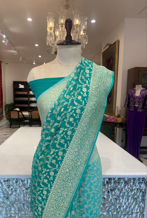 Turquoise Blue Handwoven Banarasi Georgette Saree