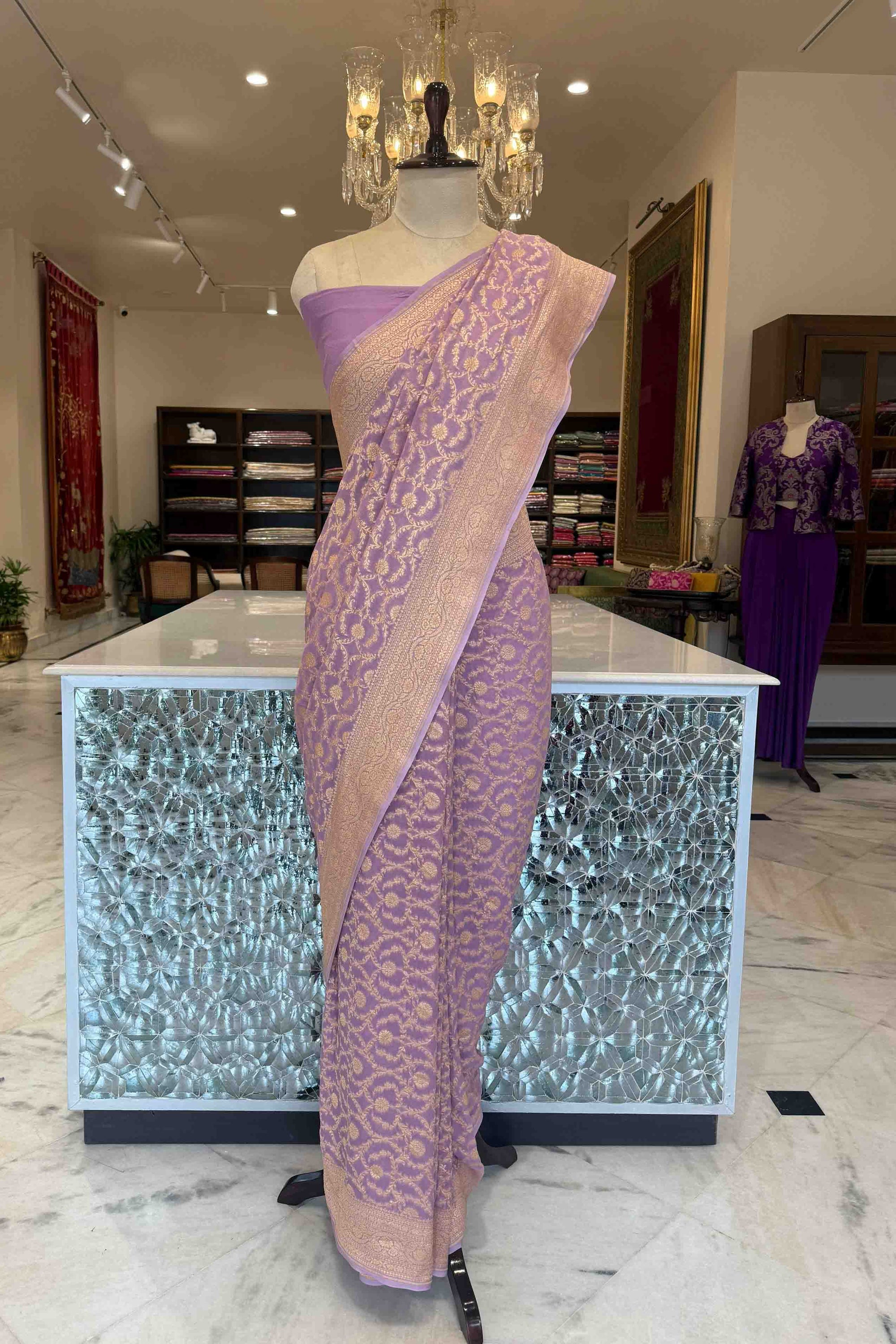 Lavender Handwoven Banarasi Georgette Saree
