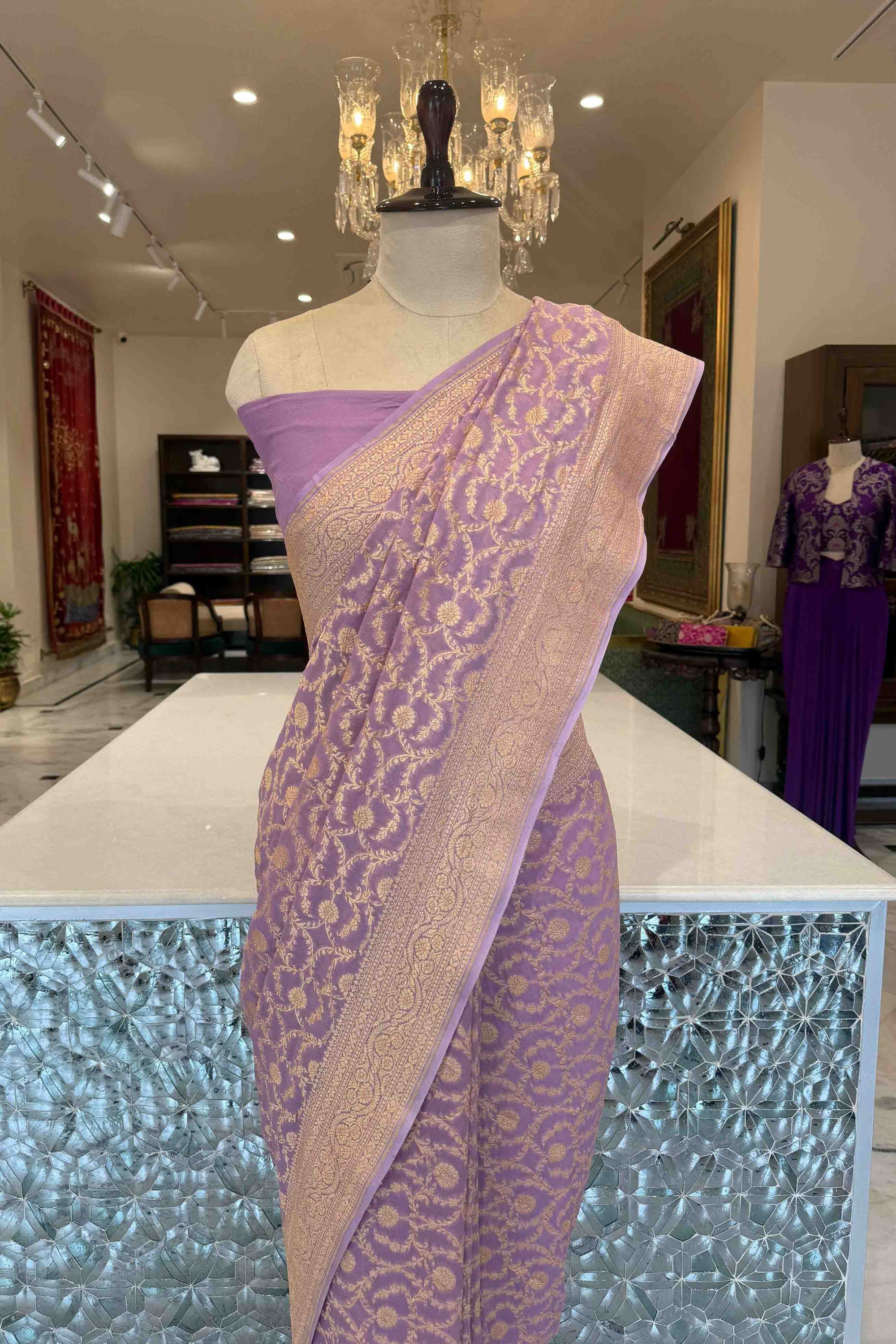 Lavender Handwoven Banarasi Georgette Saree