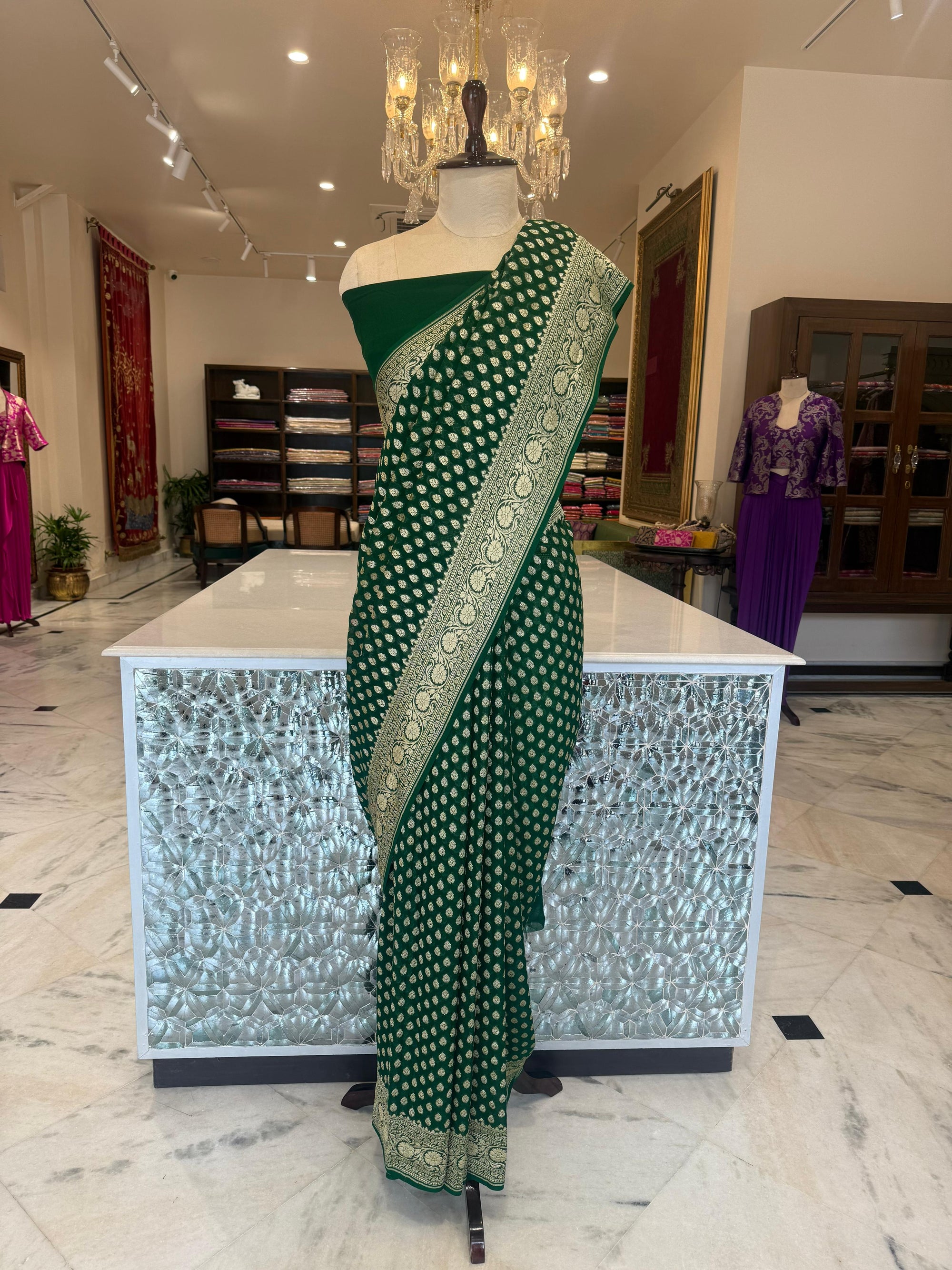 Bottle Green Handwoven Banarasi Georgette Saree