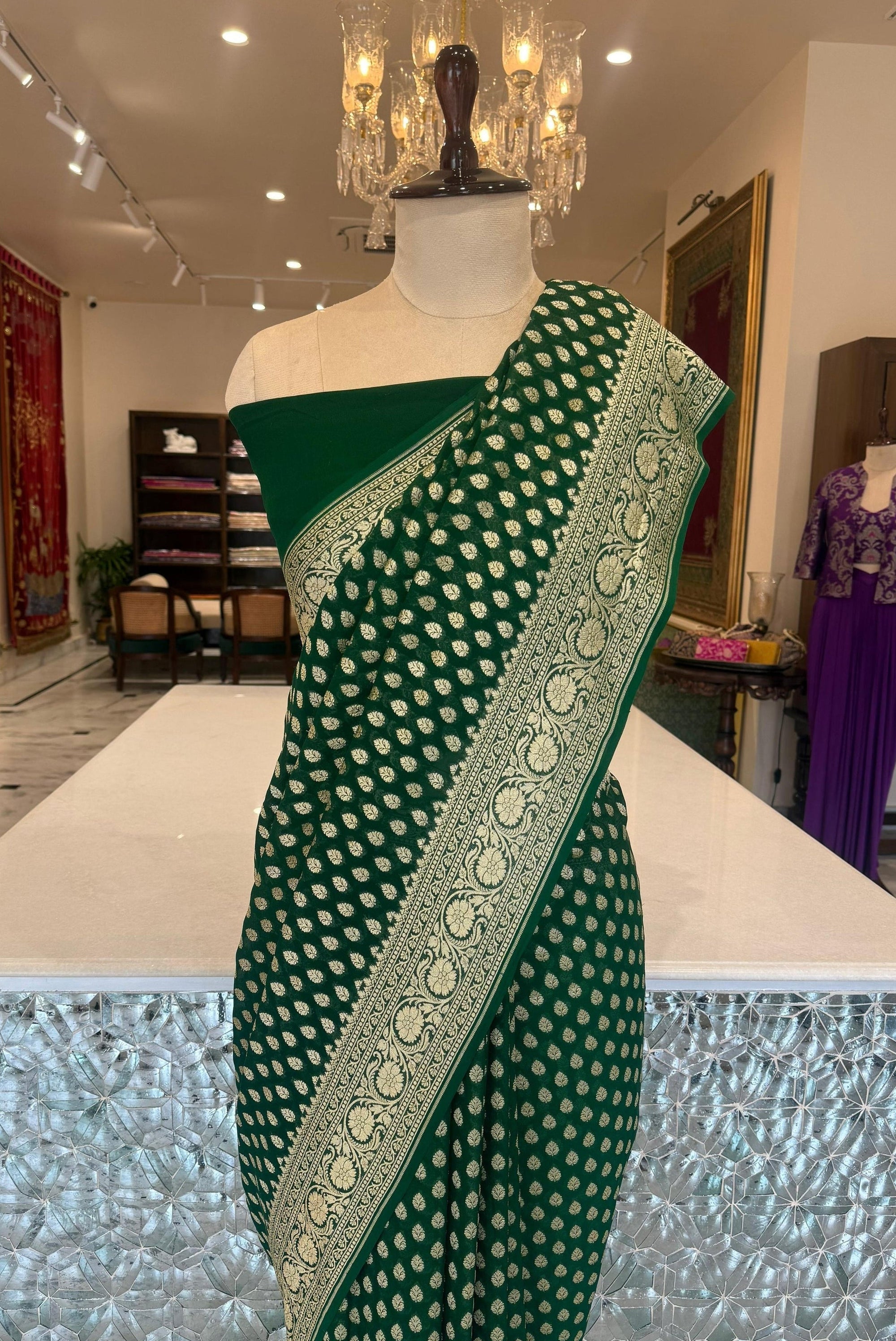 Bottle Green Handwoven Banarasi Georgette Saree