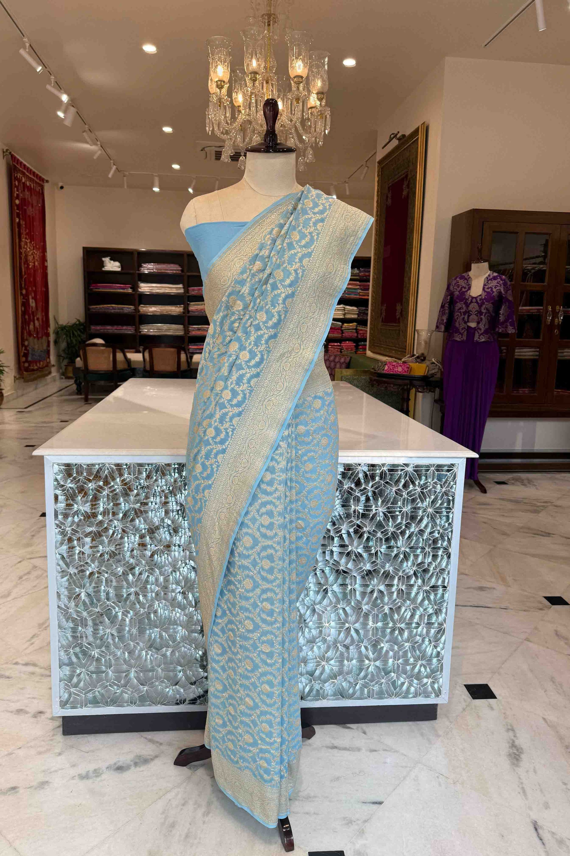 Sky Blue Handwoven Banarasi Georgette Saree