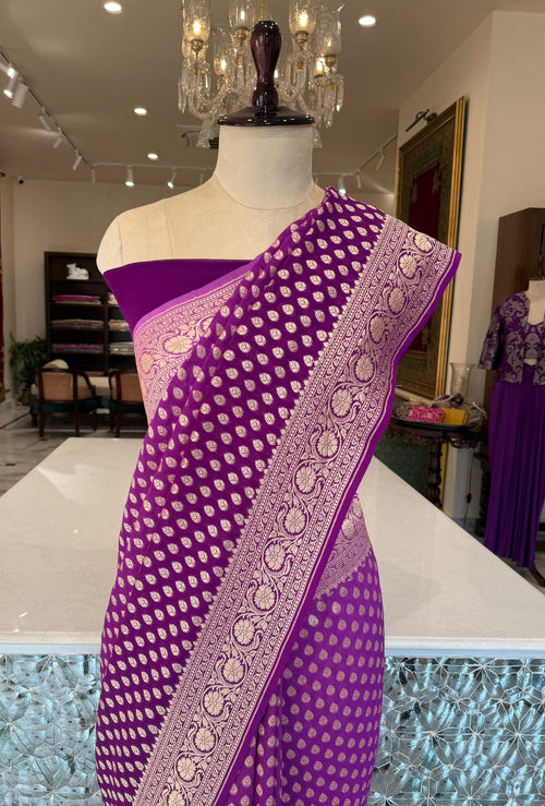 Magenta Pink Handwoven Banarasi Georgette Saree