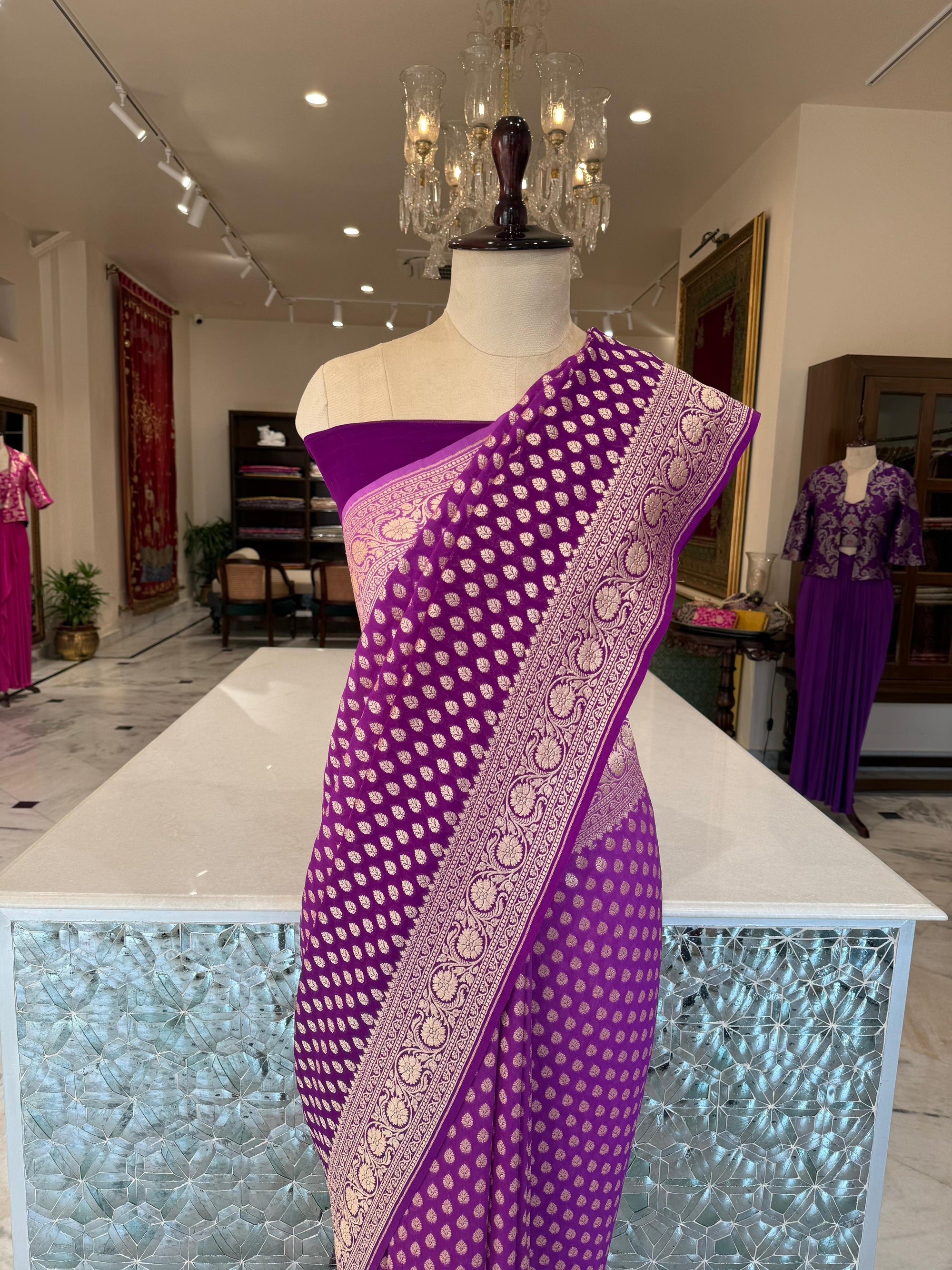 Magenta Pink Handwoven Banarasi Georgette Saree