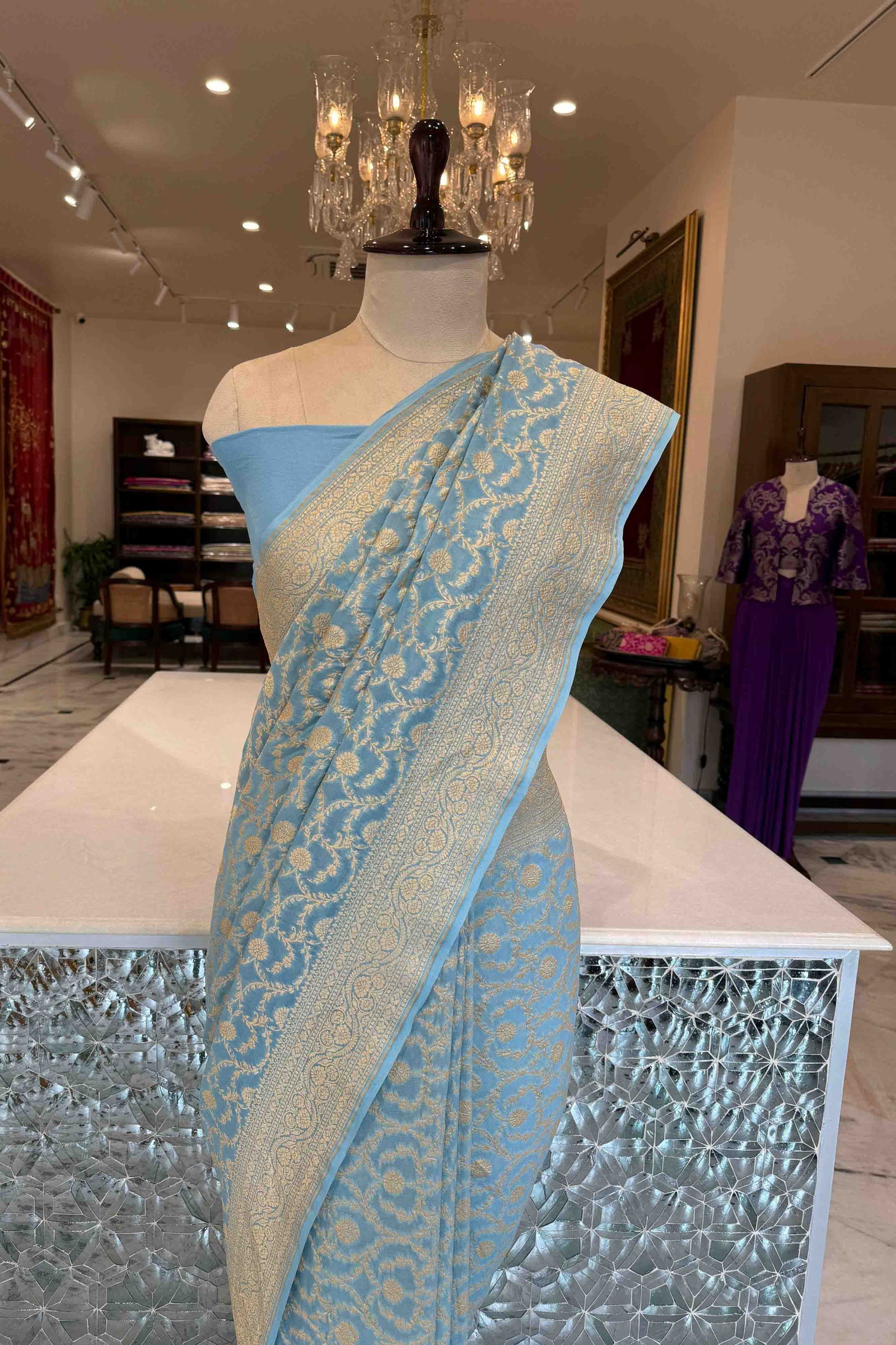 Sky Blue Handwoven Banarasi Georgette Saree