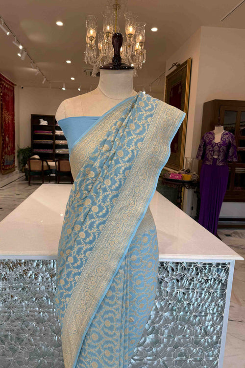 Sky Blue Handwoven Banarasi Georgette Saree