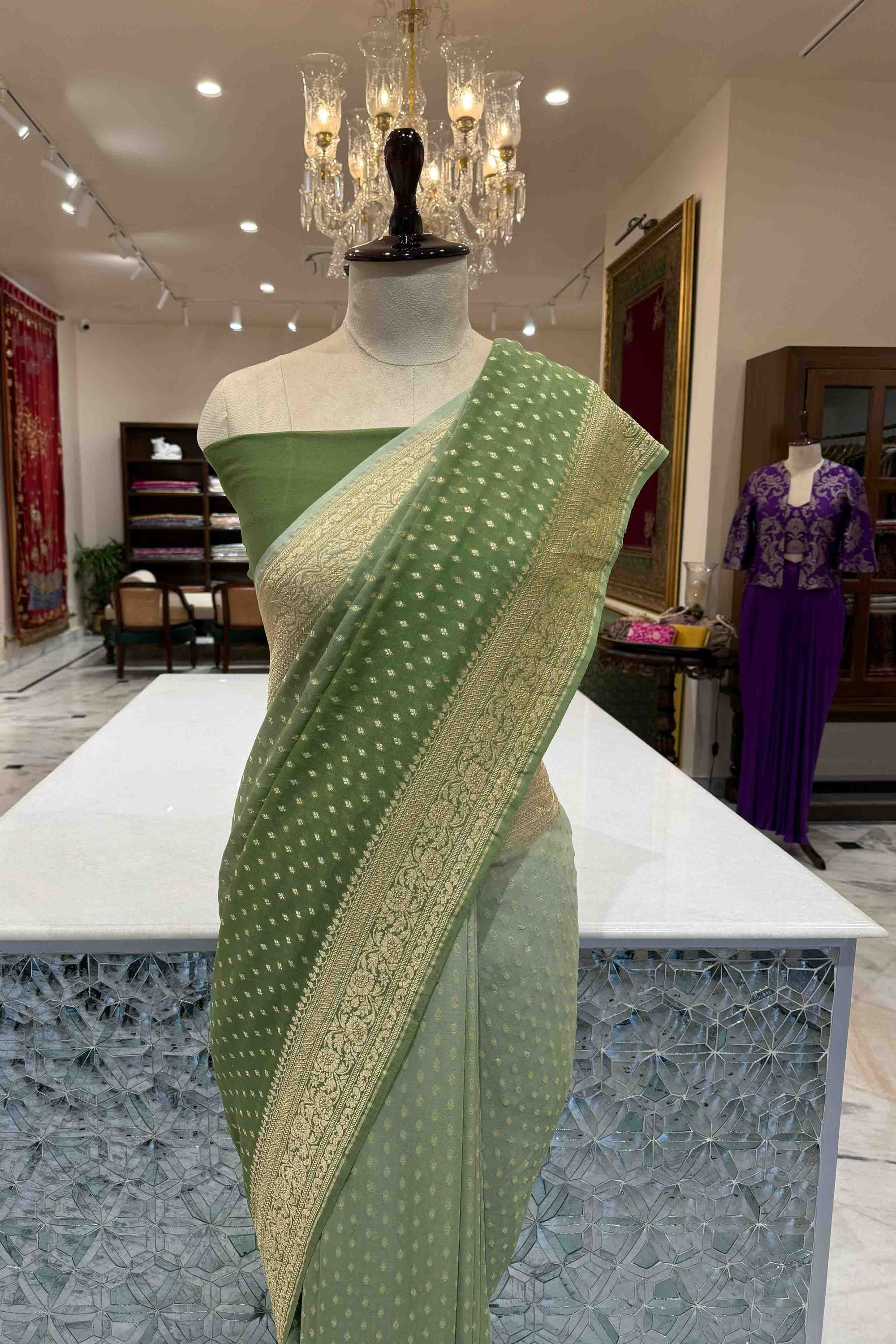 Shaded Green Handwoven Banarasi Georgette Saree
