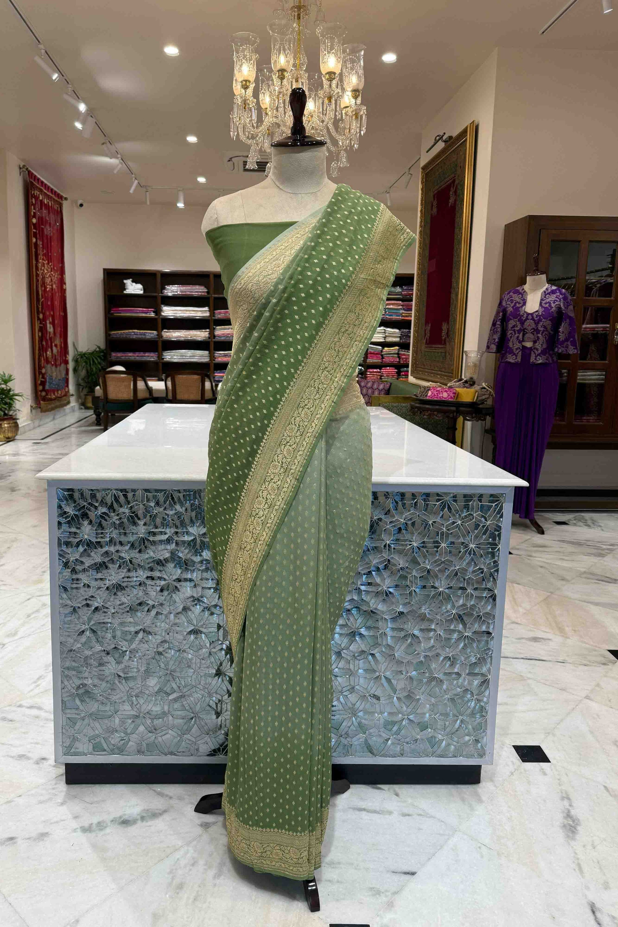 Shaded Green Handwoven Banarasi Georgette Saree